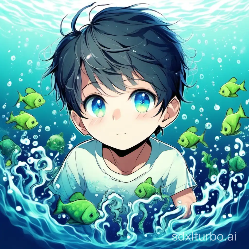 blue deep sea，cute boy，indoor， clean water，green eyes