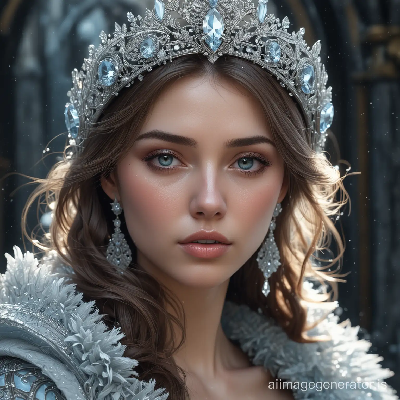 Portrait of beautiful lady, wearing ice princess dress realistic, stunning realistic photograph, full lips, 3d render, octane render, intricately detailed, cinematic, trending on artstation | Isometric | Centered hyper realistic cover photo awesome full color, hand drawn, dark, gritty, realistic mucha, klimt, erte .12k, intricate. high definition , cinematic, Rough sketch, mix of bold dark lines and loose lines, bold lines, on paper ,