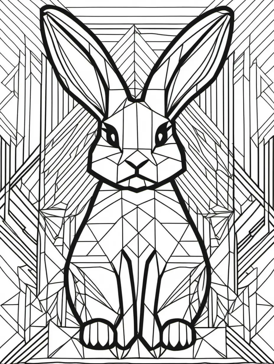 rabbit, geometric, line drawing, adult coloring page, black and white, clean lines