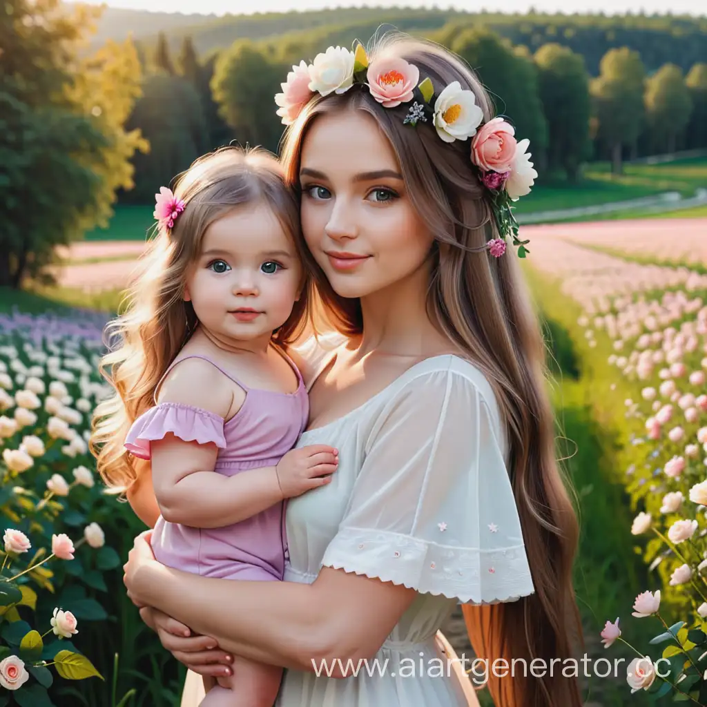 Beautiful-Woman-with-Flowers-in-Her-Hair-Holding-a-Child-in-Natural-Setting