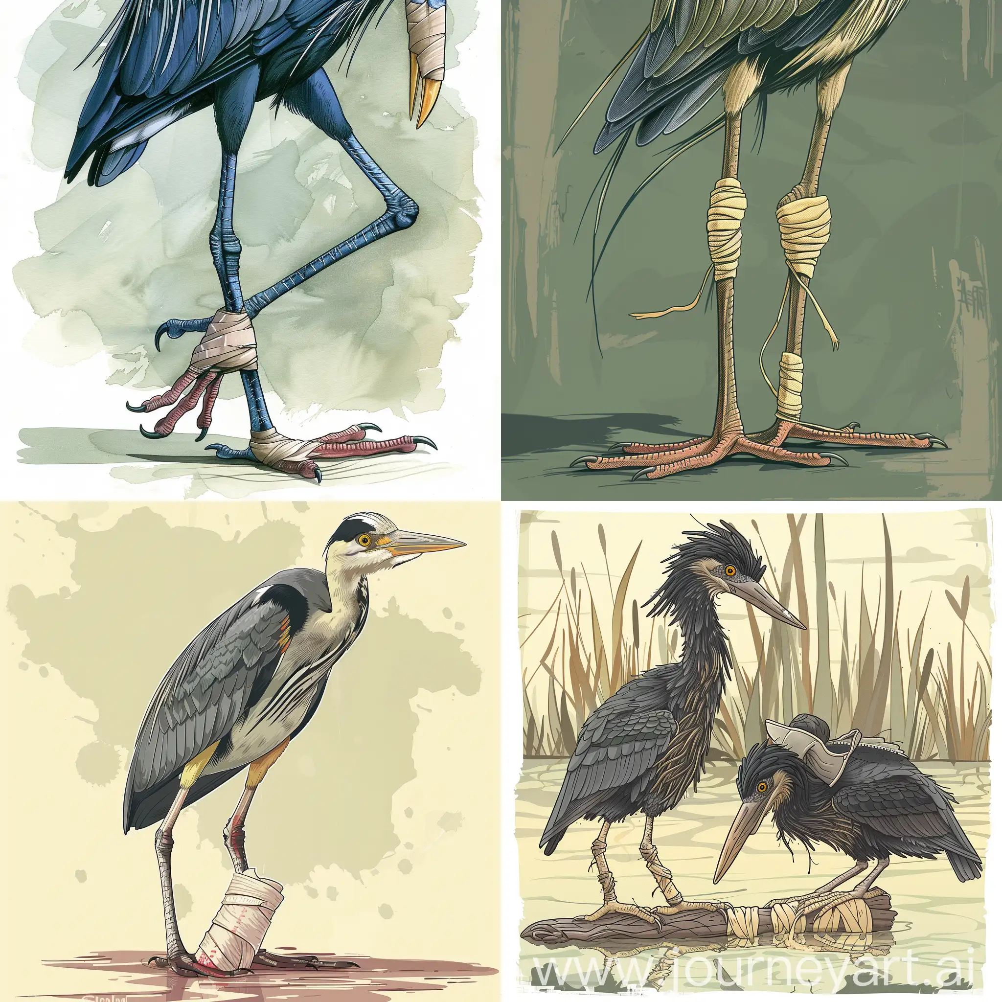an illustration of Herons that it foot is in medical bandage
