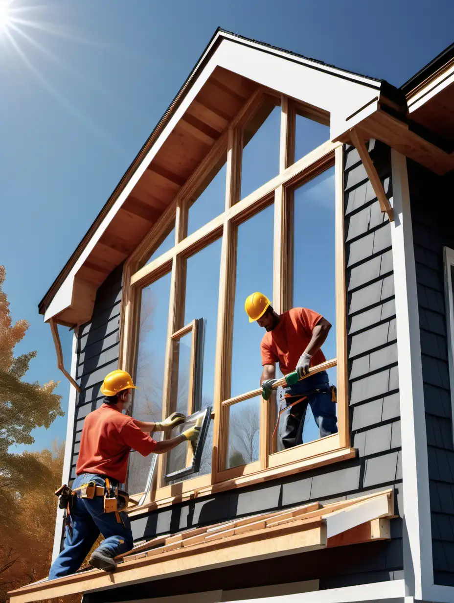 Generate a realistic image of a team of professional workers installing new, energy-efficient windows in a modern American home. The setting is a sunny day with clear skies. The house should have a contemporary design with a spacious yard. The workers are wearing safety gear and using modern tools. The image should convey a sense of expertise, precision, and attention to detail in the craftsmanship.