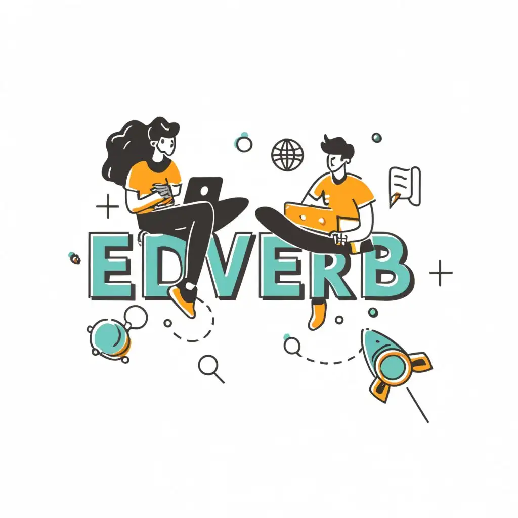 logo, two students are studying full futuristic, with the text "Edverb", typography, be used in Education industry