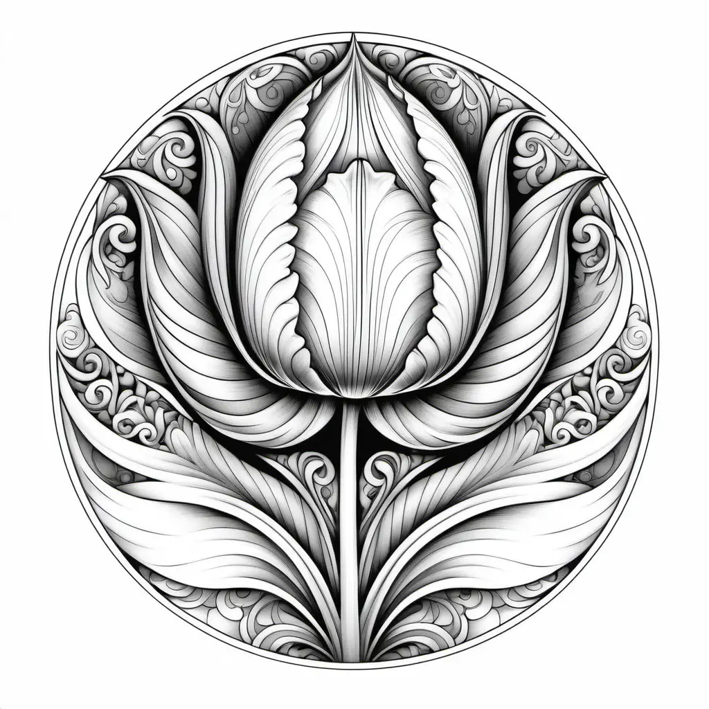 black and white coloring page with white background, whole tulip flower from stem, to leaves, to petals, the mendala artistry is drawn inside the tulip flower's leaves and petals, very intricate mendala designs within the petals and leaves that has enough space for someone to color inside of the design, only black and white image