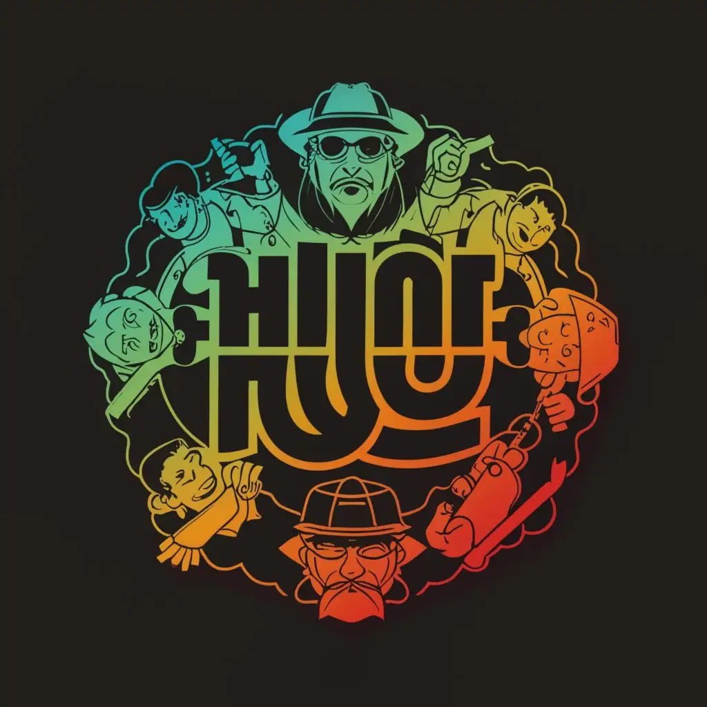 a logo design, with the text 'Hue', main symbol:facing left a father with his child and a gangster. In the middle, a guy tossing the viewer a coin. To the right, people dancing and making money, complex, clear background
