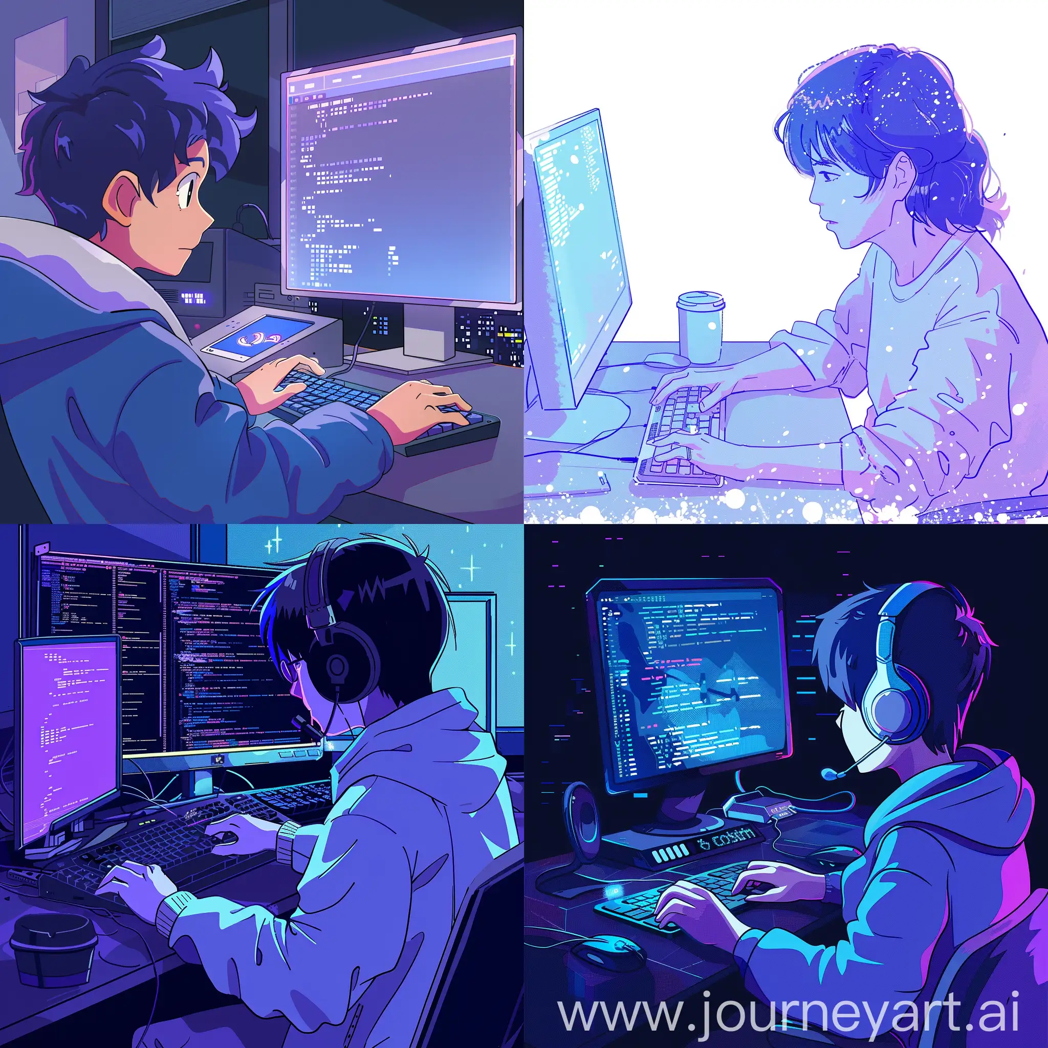 a programmer is coding, blue and purple, Japanses animation style