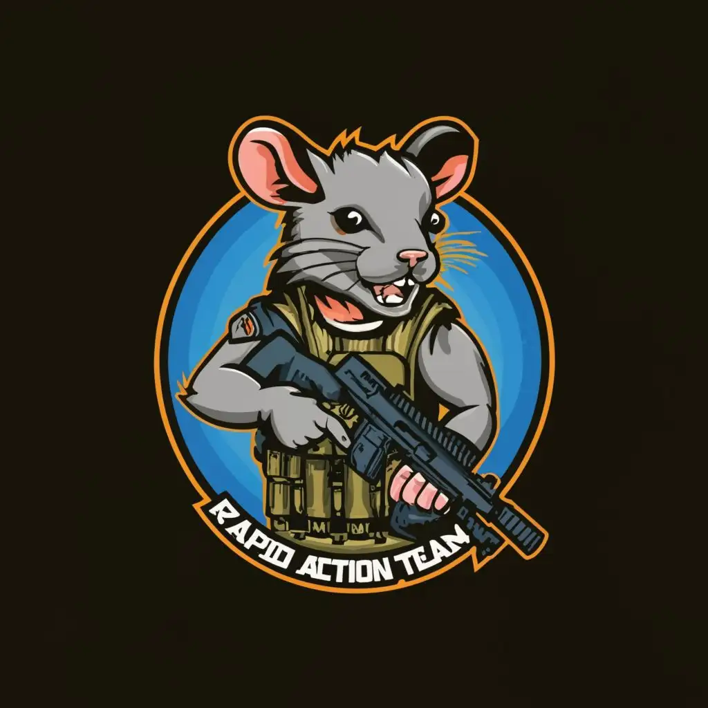 logo, A mean looking, aggressive rat wearing tactical body armor vest carrying an MP5 machine gun in its hands., with the text "Rapid Action Team", typography