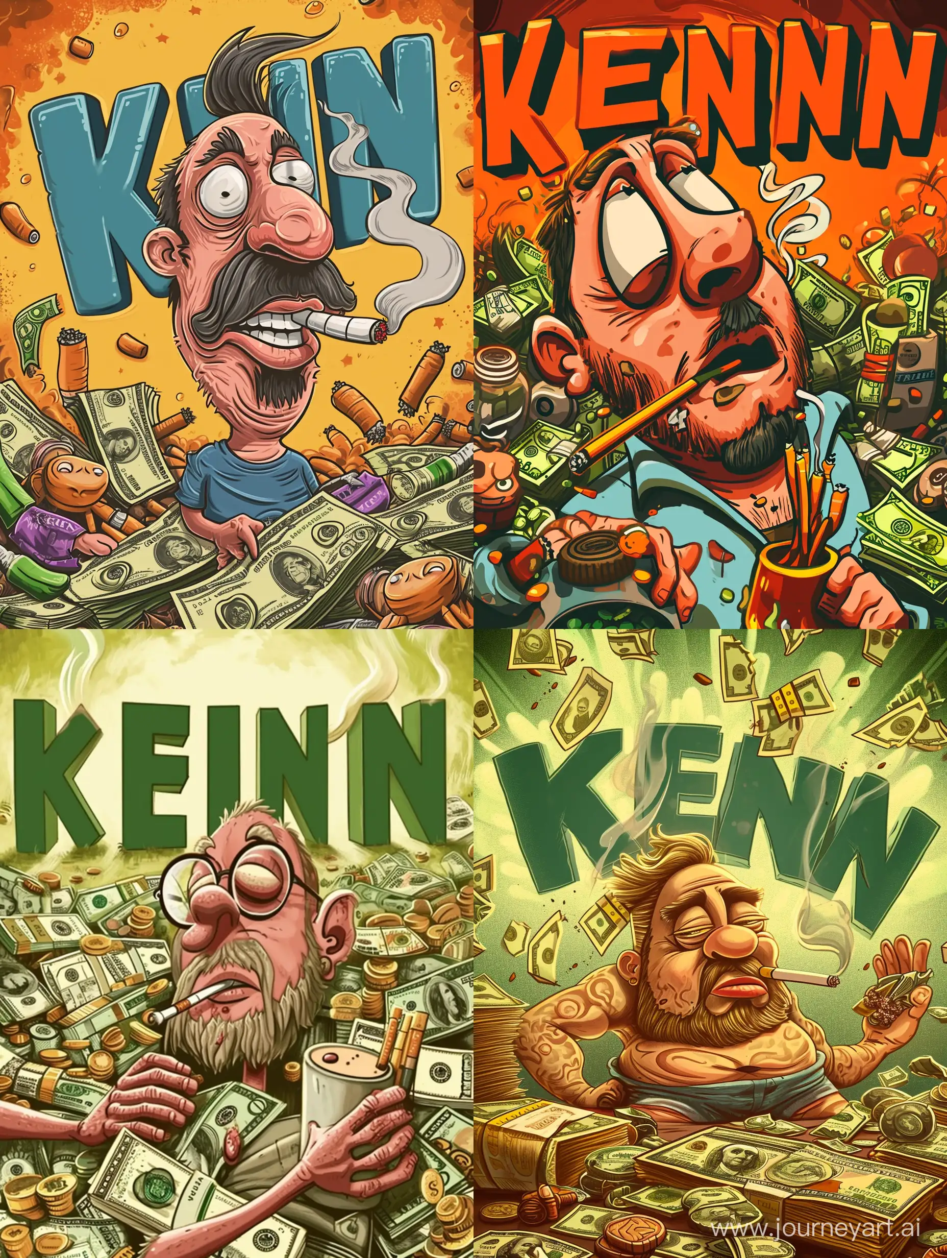 картинка с курящим персонажем, много денег, фон большие буквы "Kevin"