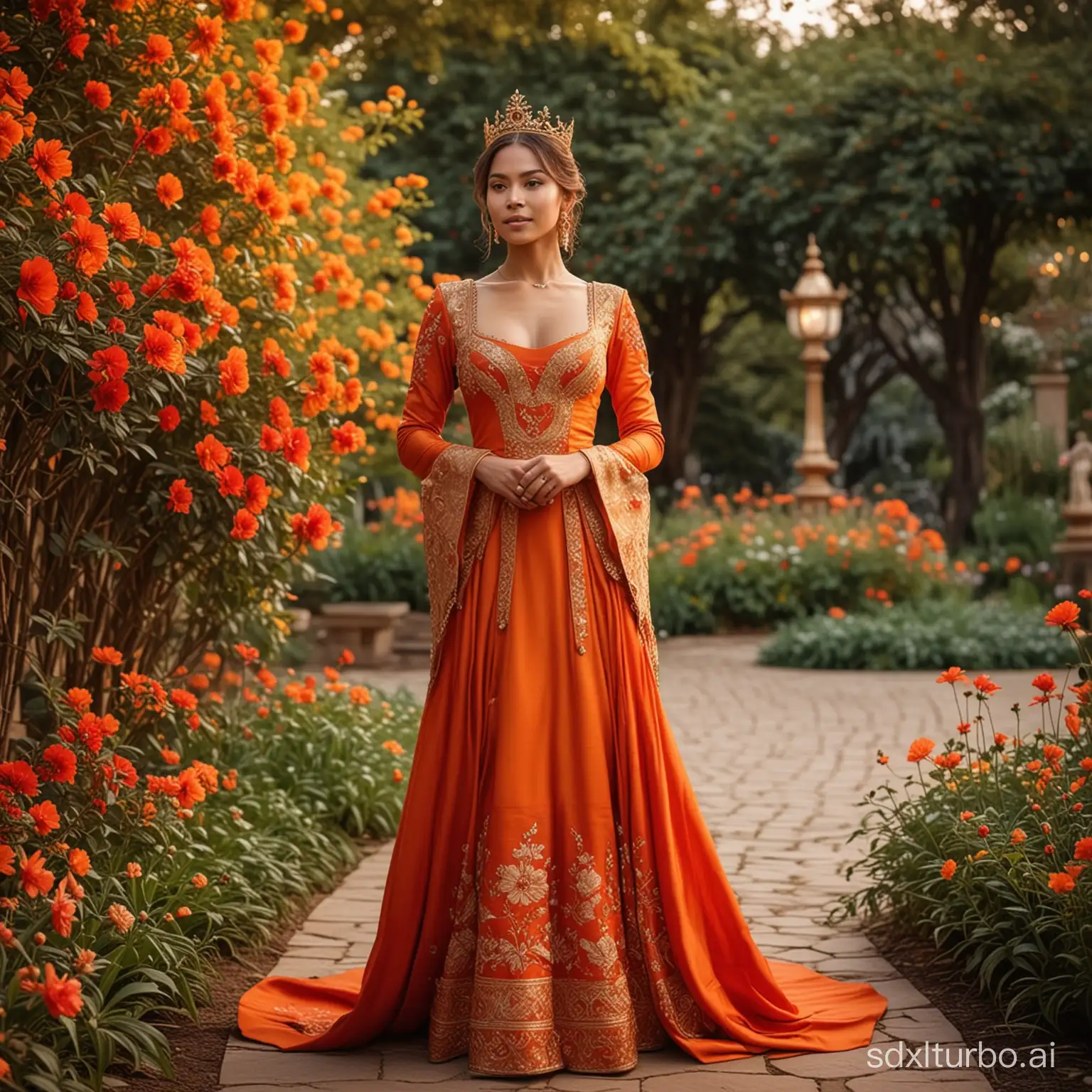 Full body portrait of a light brown skin woman, regal orange royal outfit, beautiful royal dress, elegant clothes, simple gold crown, gentle expression, dynamic pose, standing gracefully, fire nation, standing in beautiful garden with red and orange flowers, warm lighting