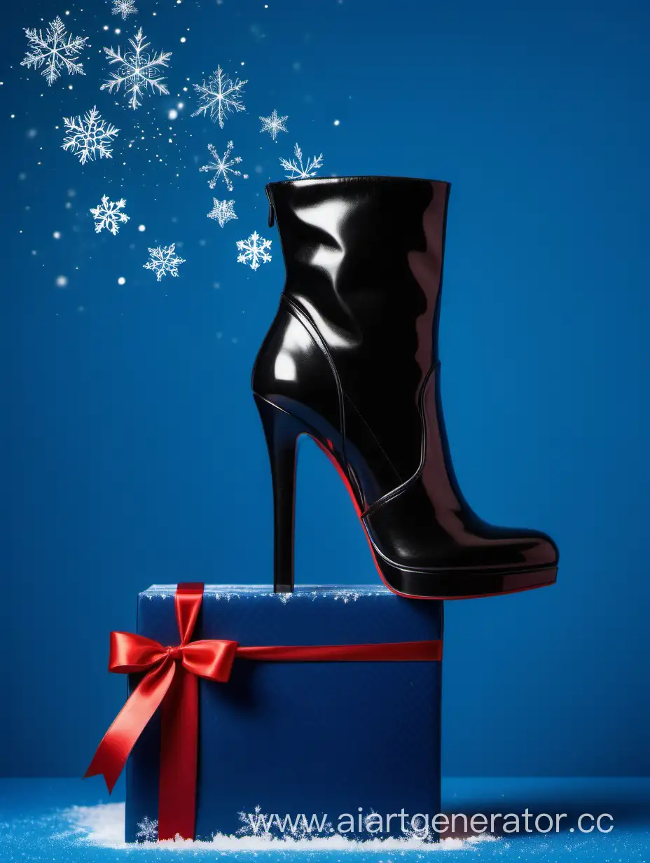 Elegant-Black-Womens-Heeled-Boot-on-Festive-Blue-Gift-with-Snowflakes