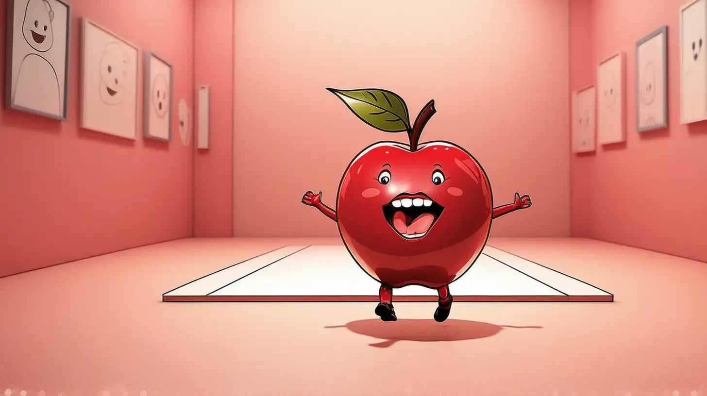 illustrate an apple with face and mouth, an apple walks down a runway set up in the children's room like a model, cute, , 