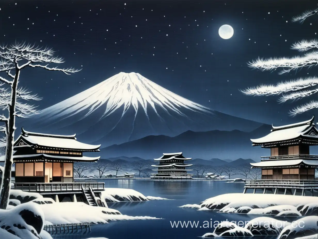 японские горы зимой издалека темные ночью древняя япония