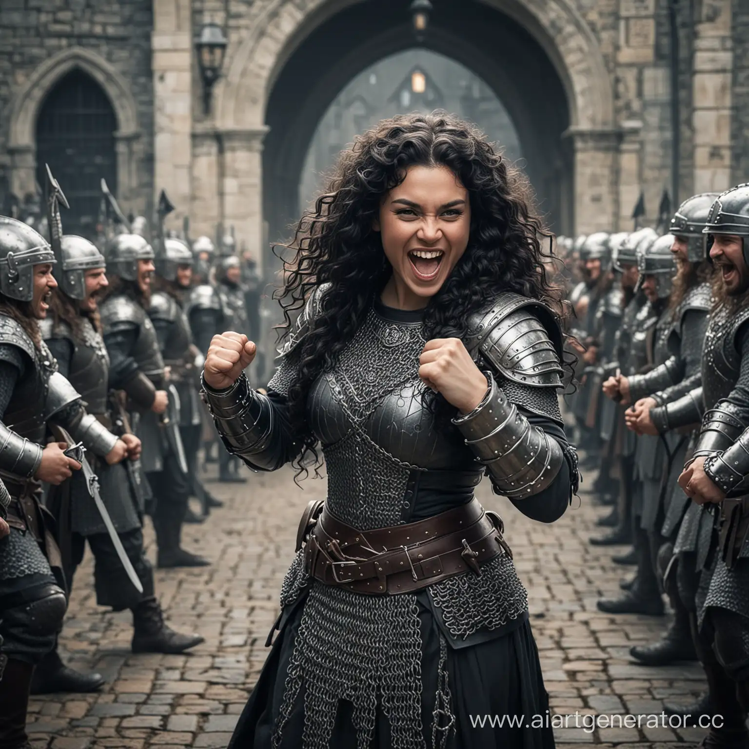 Laughing-Dwarf-Woman-Warrior-Amidst-Guards-in-Fantasy-World