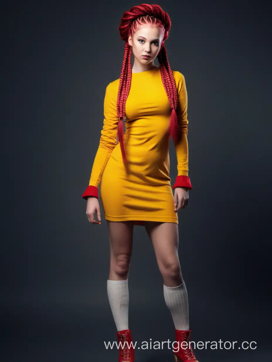 Elegant-Young-Queen-in-Vibrant-Yellow-MiniDress-with-Red-Braids