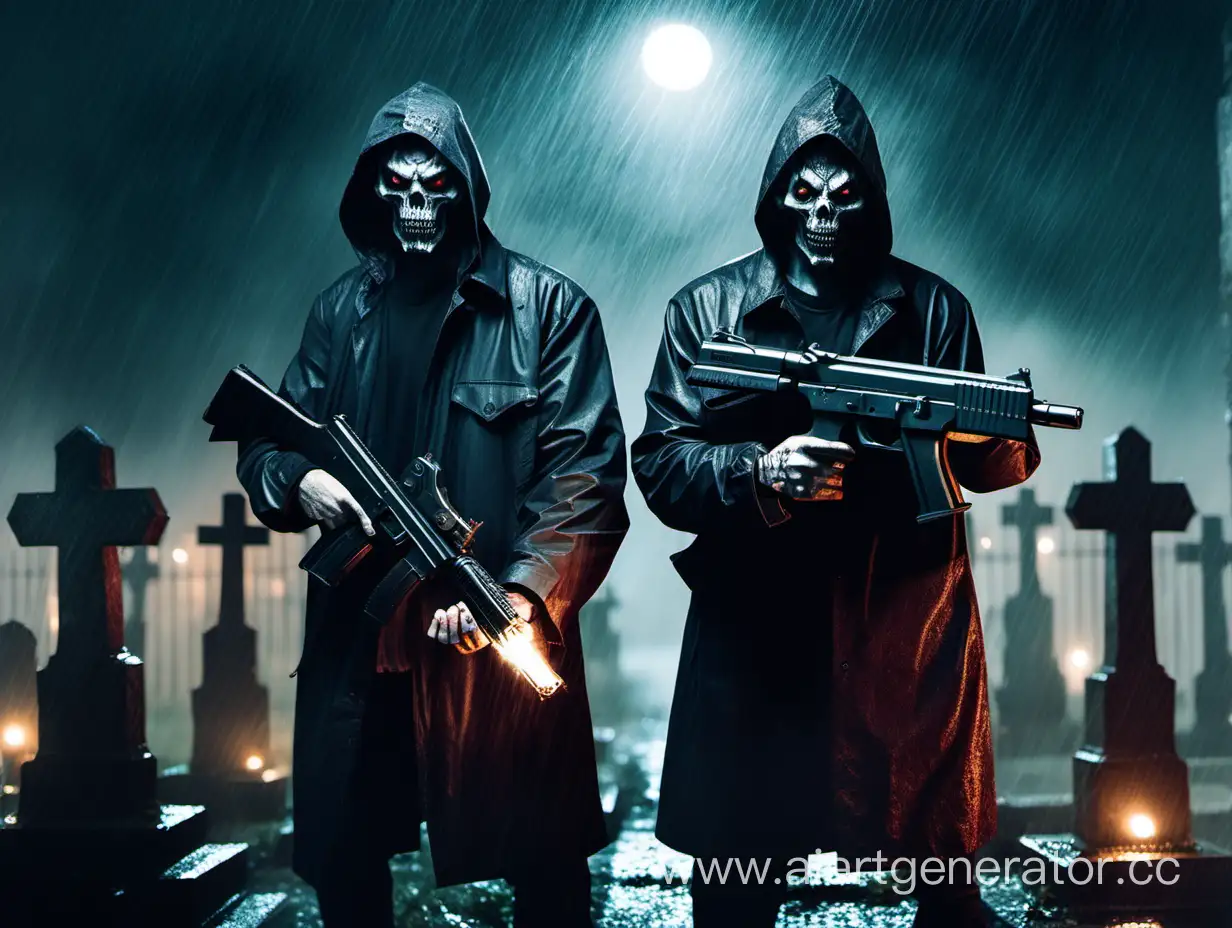 two demon thugs holding glocks at graveyard in rainy night