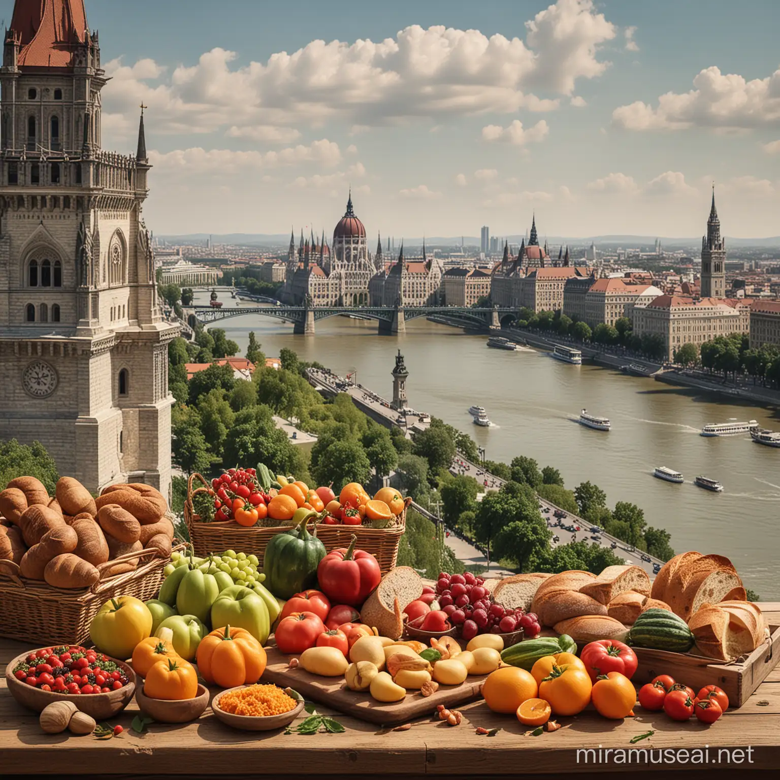 The main image captures the essence of Hungarian cuisine and freshness, showing a cornucopia of fresh fruits, vegetables, traditional Hungarian ingredients like paprika, and artisan bread, all spread out on a rustic wooden table. The background subtly features iconic Hungarian landmarks (like the Parliament building and the Chain Bridge) fading into the distance, symbolizing FreshWagon's nationwide reach.