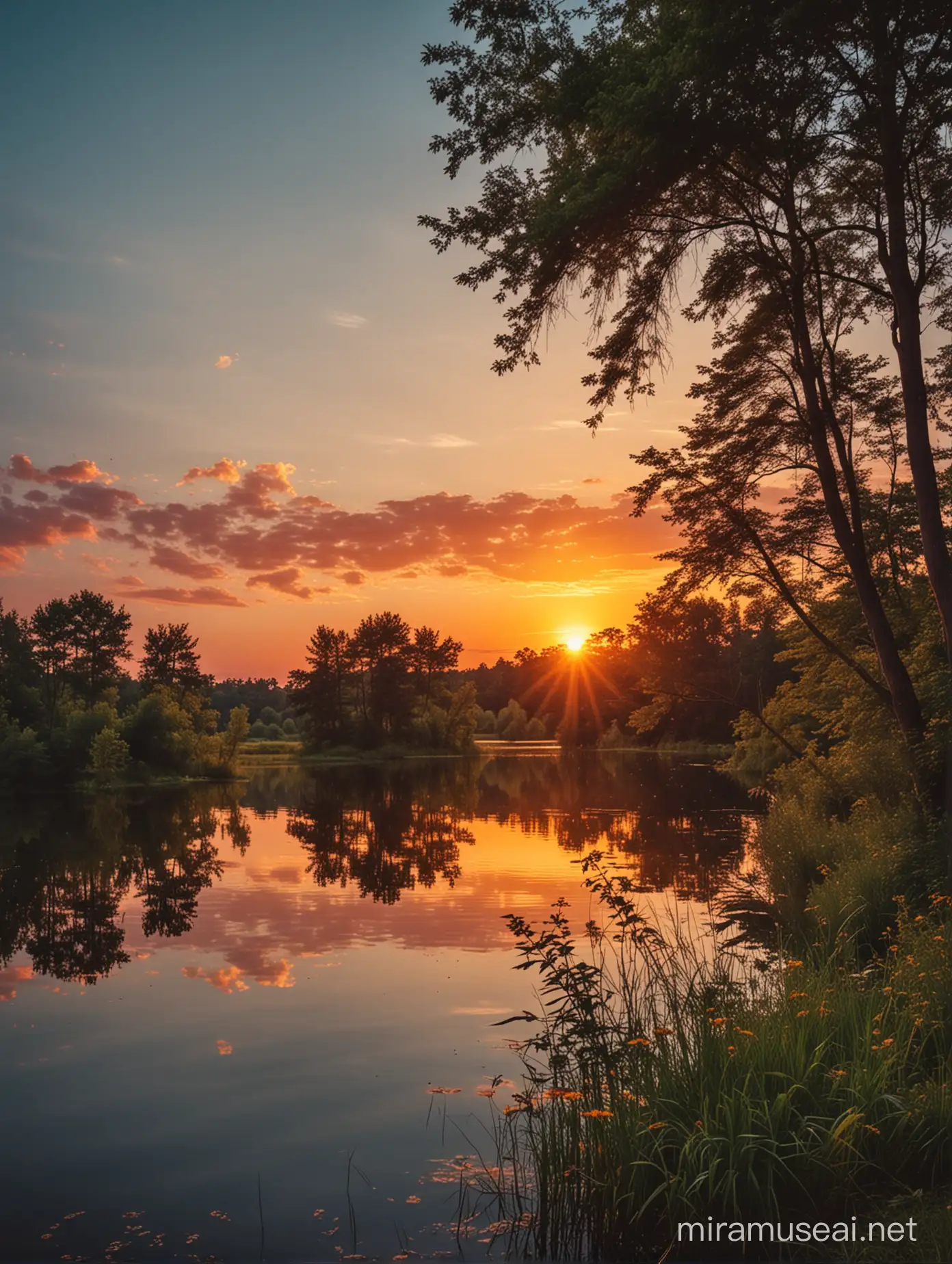 a wonderful photograph from a sunet near a lake in summer, serne feelings, nostalgic vibes, wonderful colors



