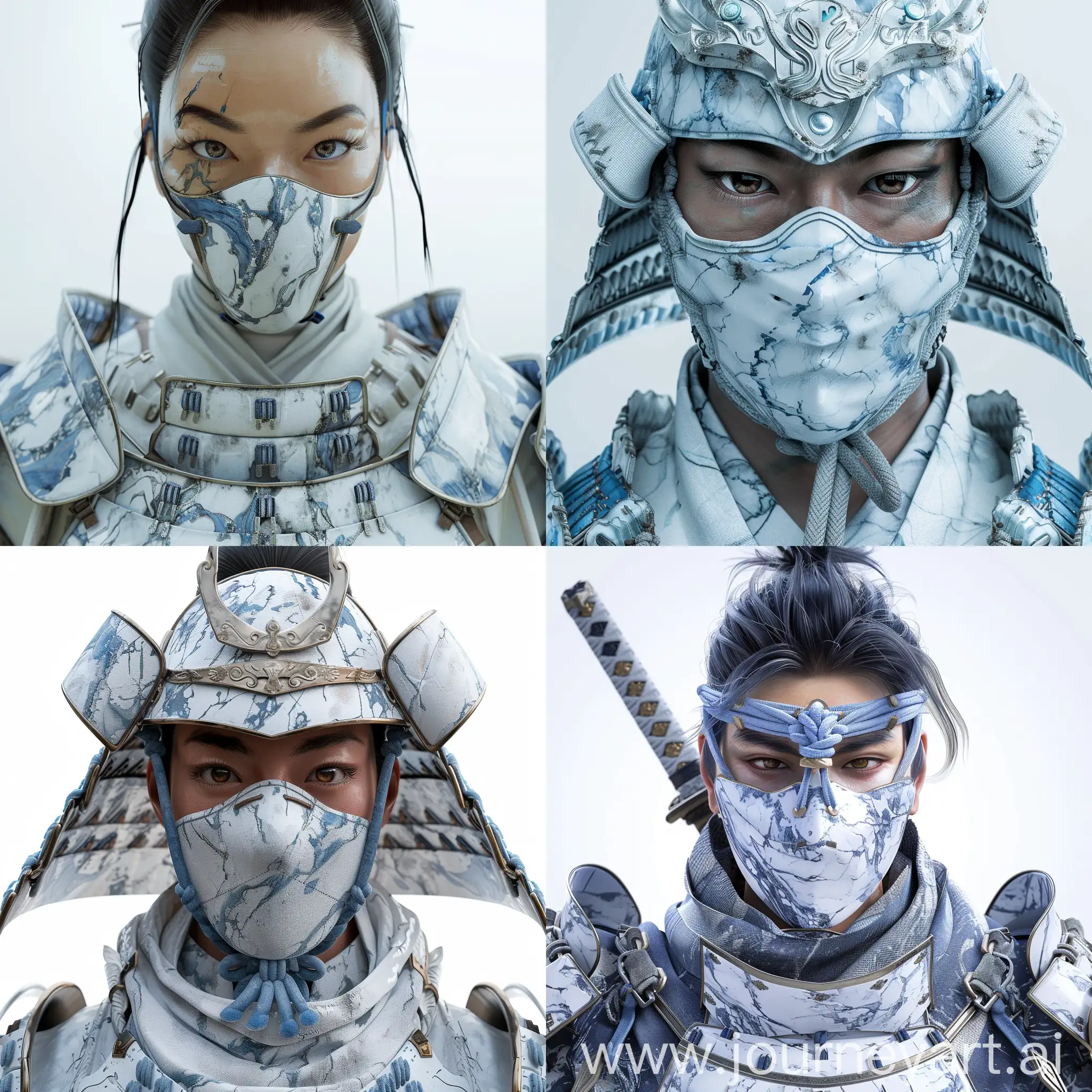 Samurai, looking front,  beautiful eyes, using mask, 
marble armor white and blue color, white background ,portrait mode, 4k, realistic 