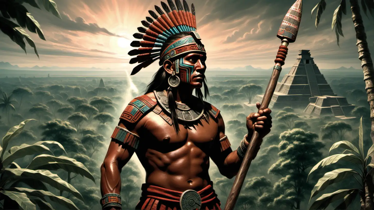 Aztec Warrior Gazing into the Horizon Amidst Trees with Macuahuitl