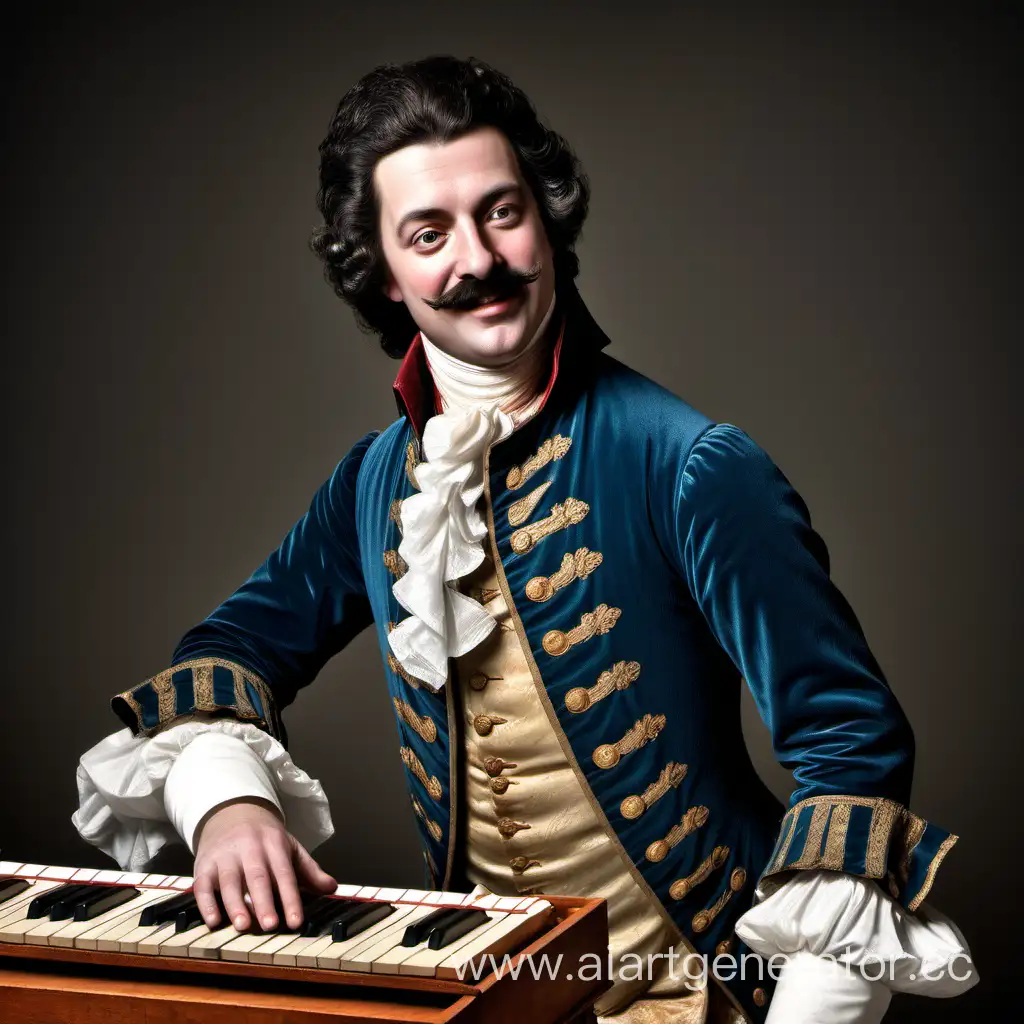 очень веселый петр 1 играет на клавикорде в 18 веке, у петра темные волосы и усы