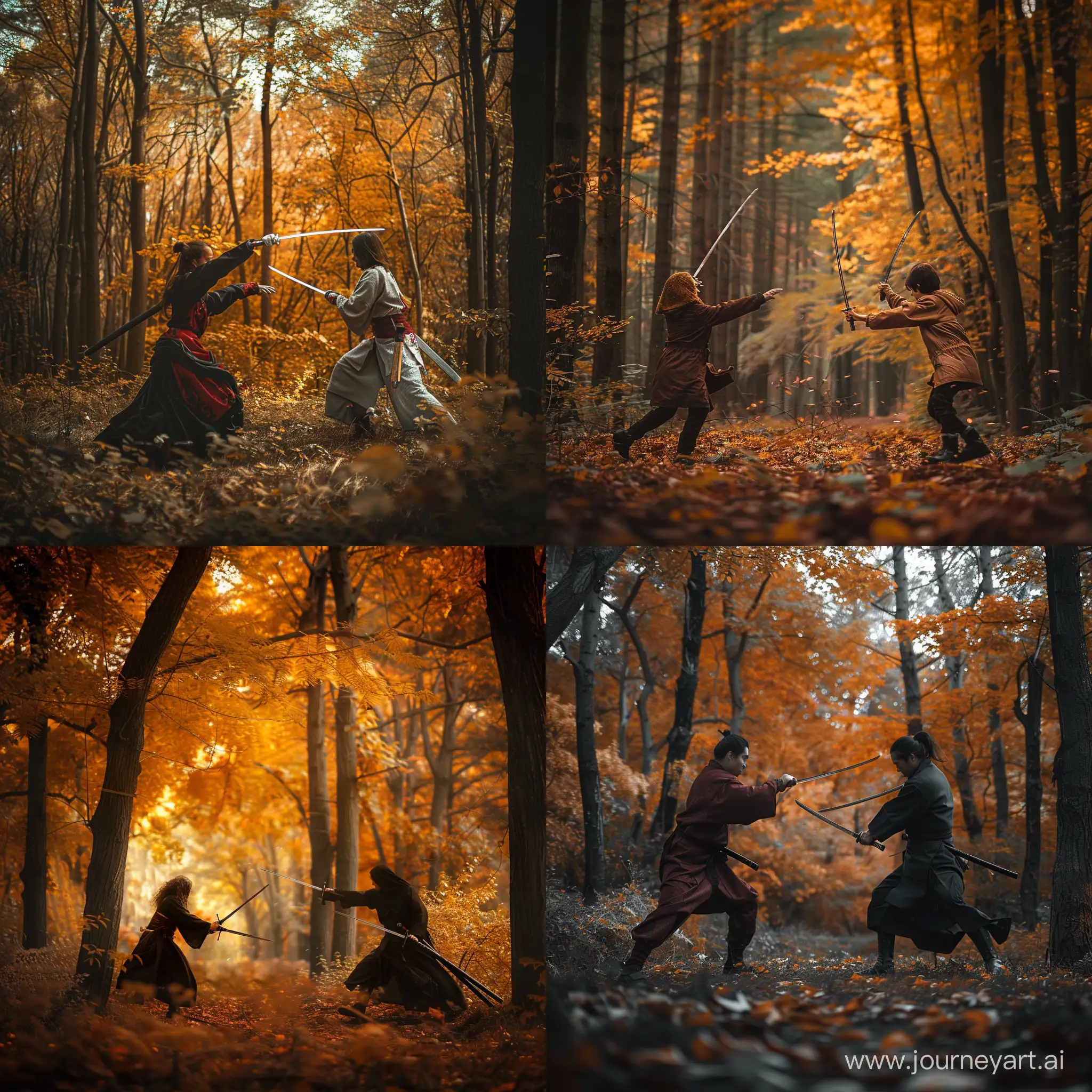 Autumn forest, two people fighting with swords 