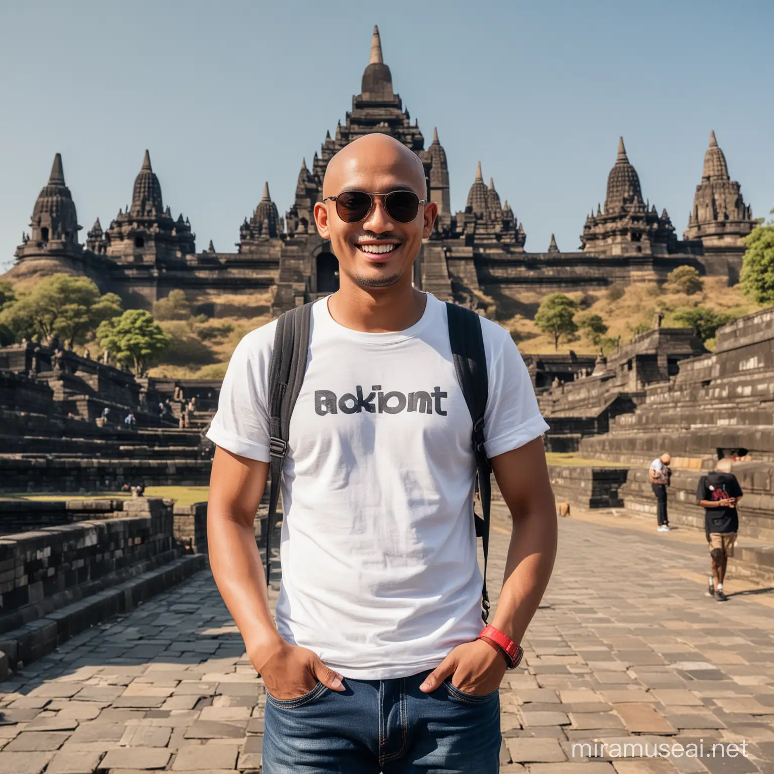 Indonesian Man Smiling with Nikon Camera at Borobudur Temple