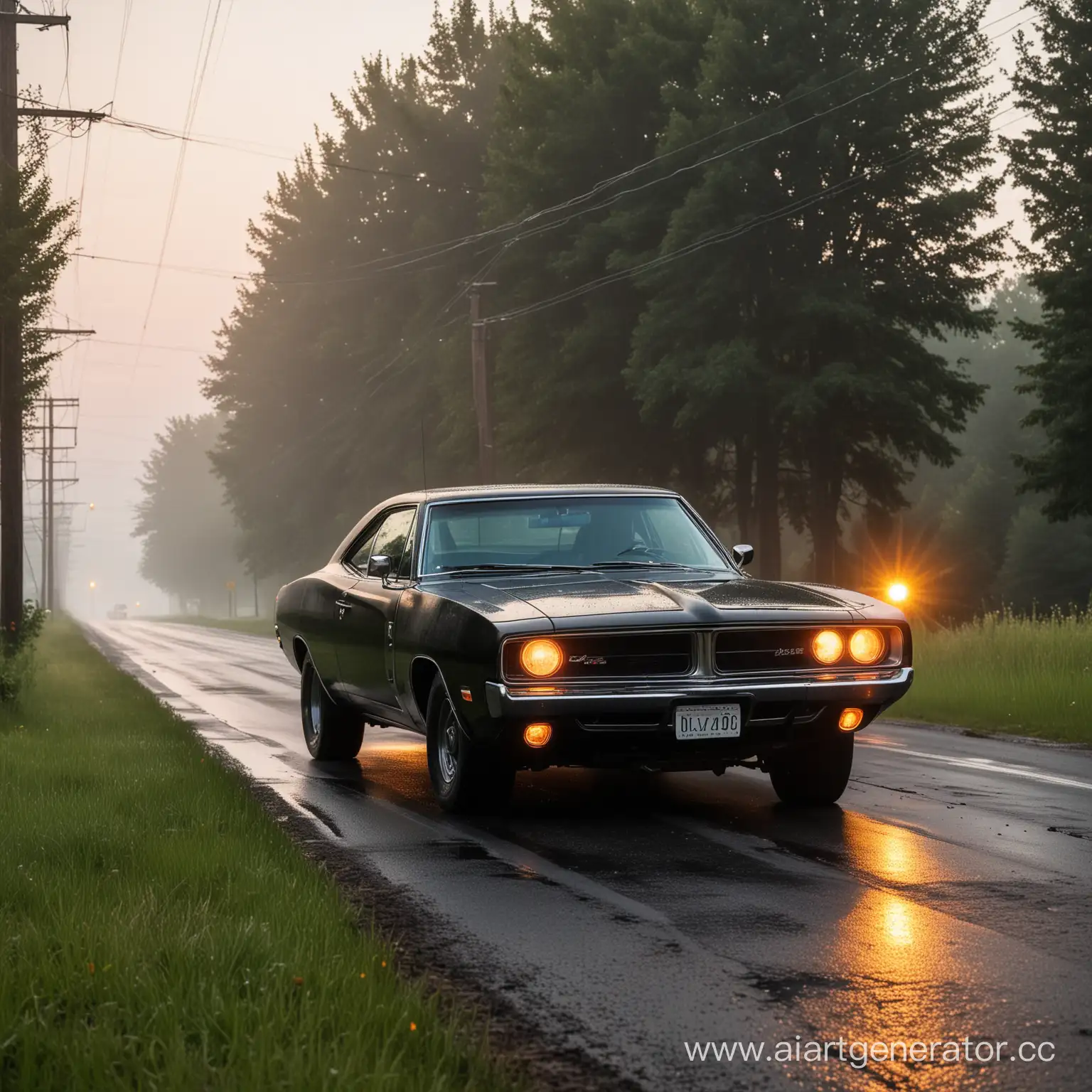 автомобиль повернут стоит на дороге, черный Dodge charger 1969,  включённые фары, трава и деревья, лето, линия электропередач, ранннее утро, восход солна, солнечные лучи, мокрый асфальт