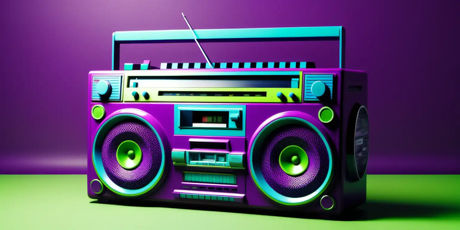 hip-hop style photograph featuring retro boom box. Plum-purple, lime-green and bright-blue hues. 