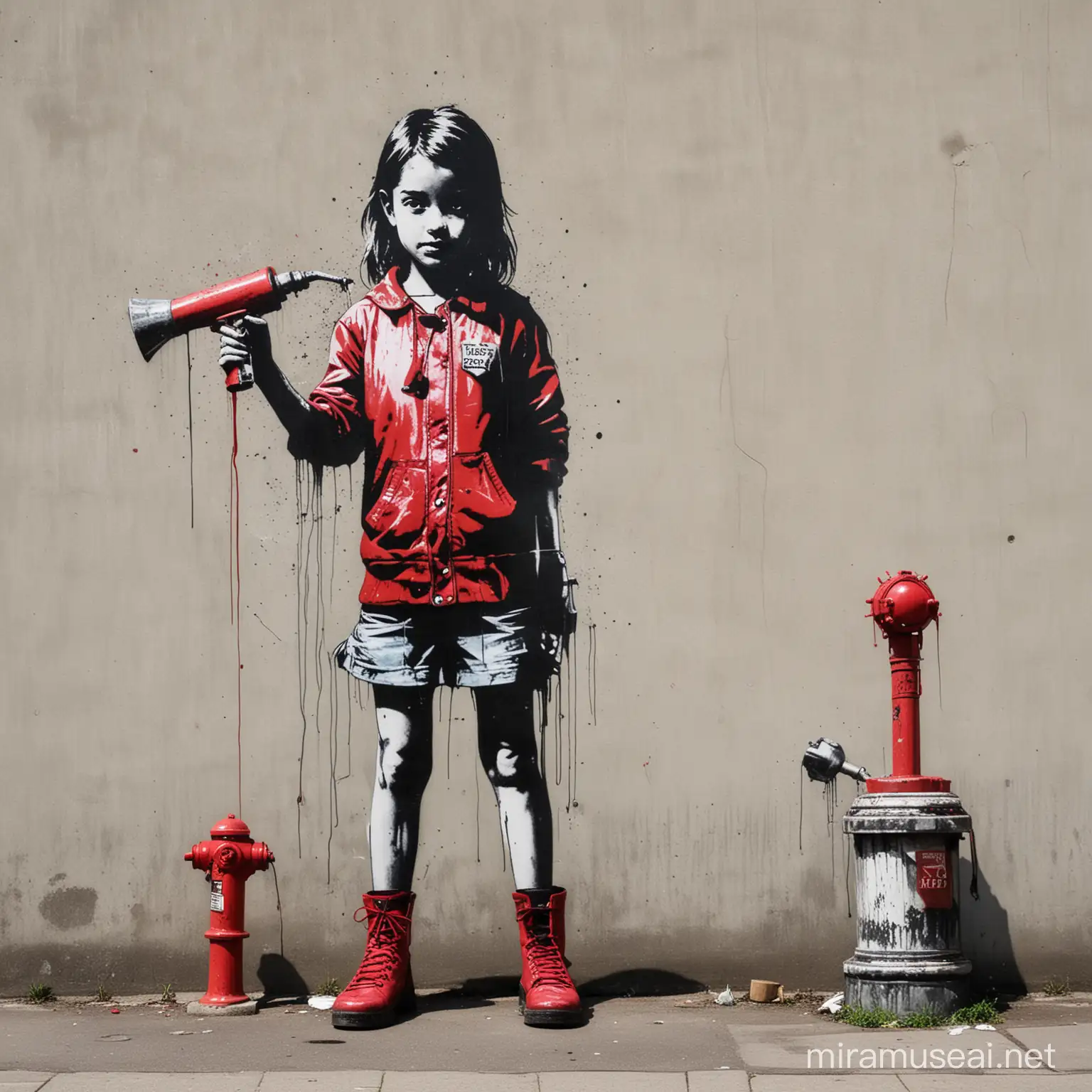 Naredi grafit u benksijevemu stilu, punčka naj ima v roki macolo in z njo hoče udariti po hidrantu
