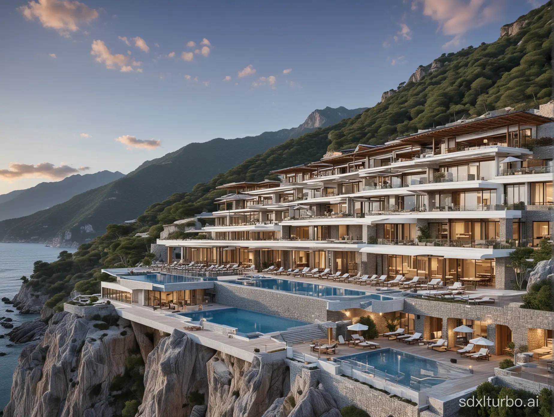 luxury hotel, near the sea, mountain, high quality