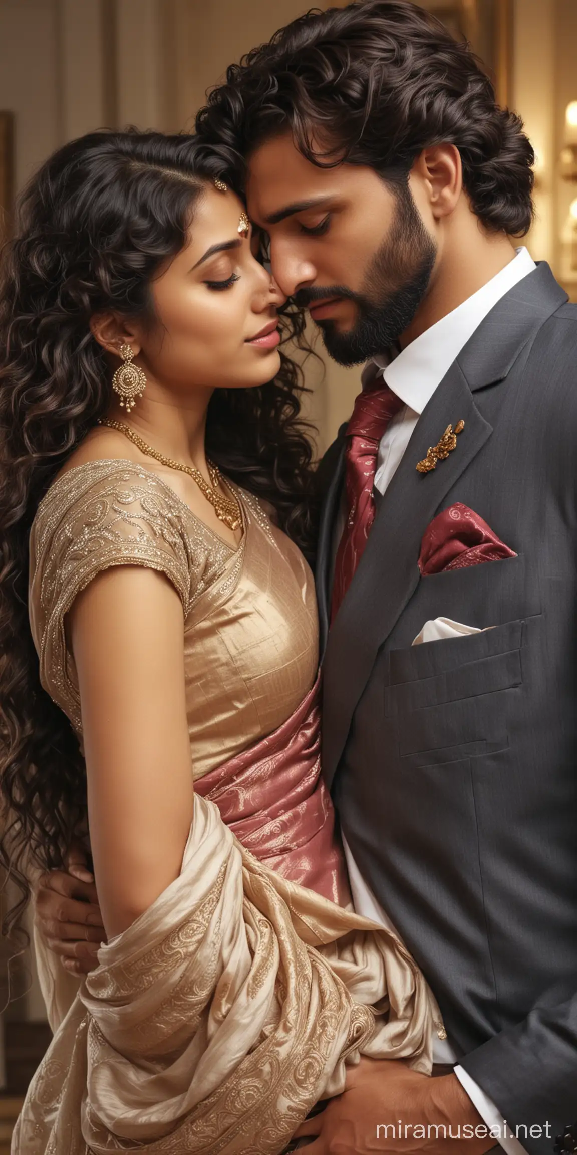 couple, most handsome full body photo of  elegant european male,  formals with tie,  elegant and arrogant looks,  beard,  most beautiful cute indian girl, elegant saree, curly long hair,  head resting on shoulder shoulder  with emotion and crying bursting, weeping  with tears, low cut back, man comforting her holding her back, 
photo realistic, 4k.