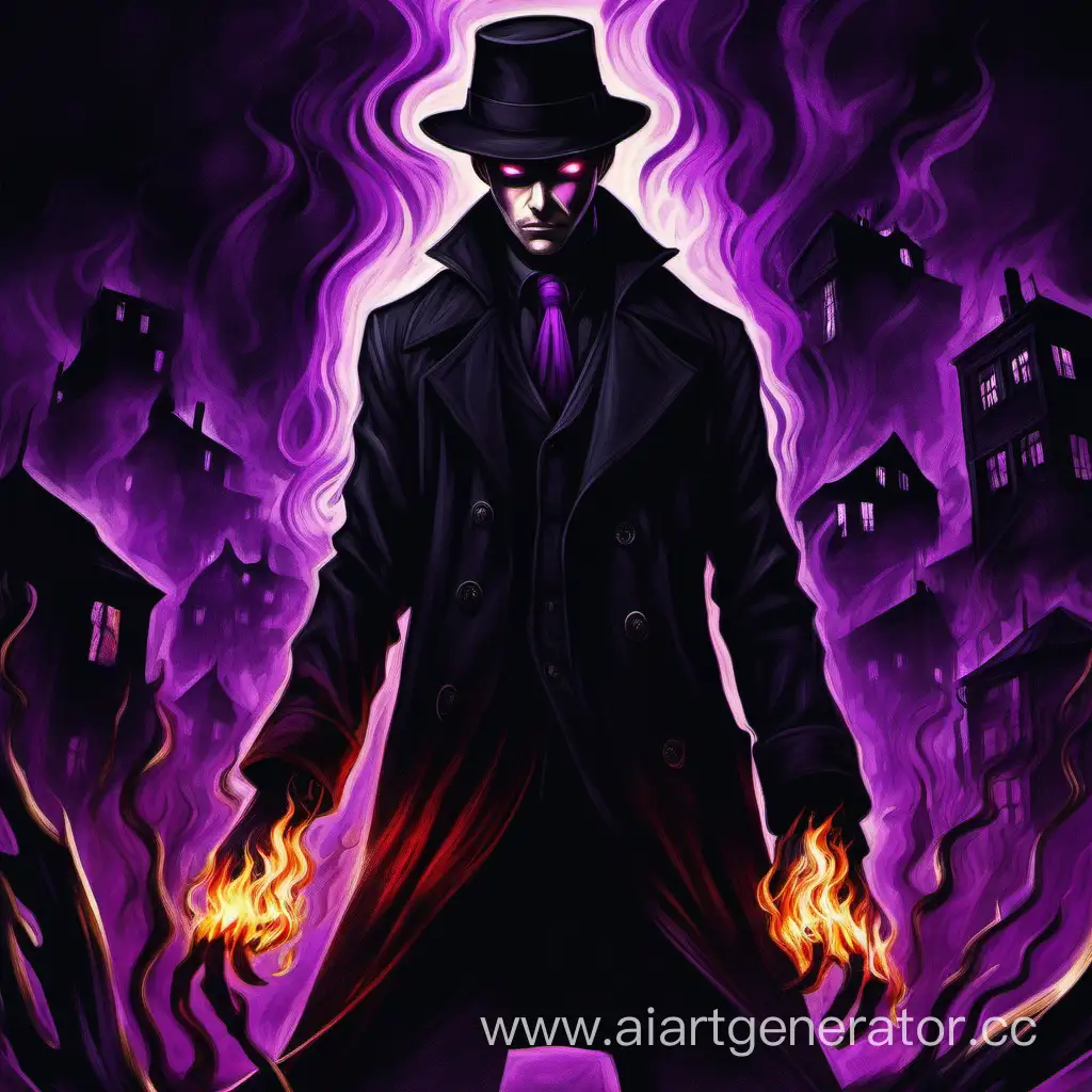 незнакомец в темноте с фиолетовыми глазами  а руки в огне и одет в черное пальто и черная шляпа