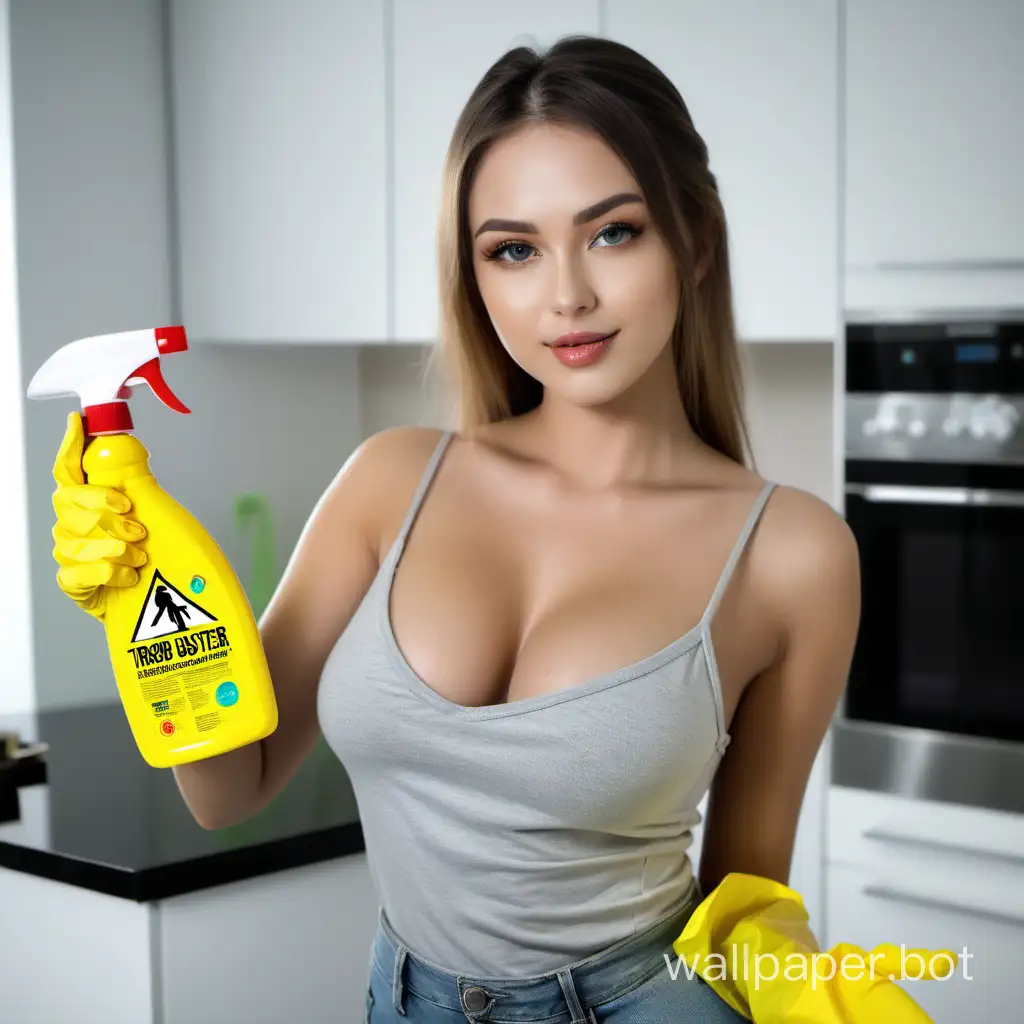The beautiful sexy girl shows a spray bottle of yellow Trigger universal cleaner, with the label TRASH BUSTER, cleaning in the kitchen.