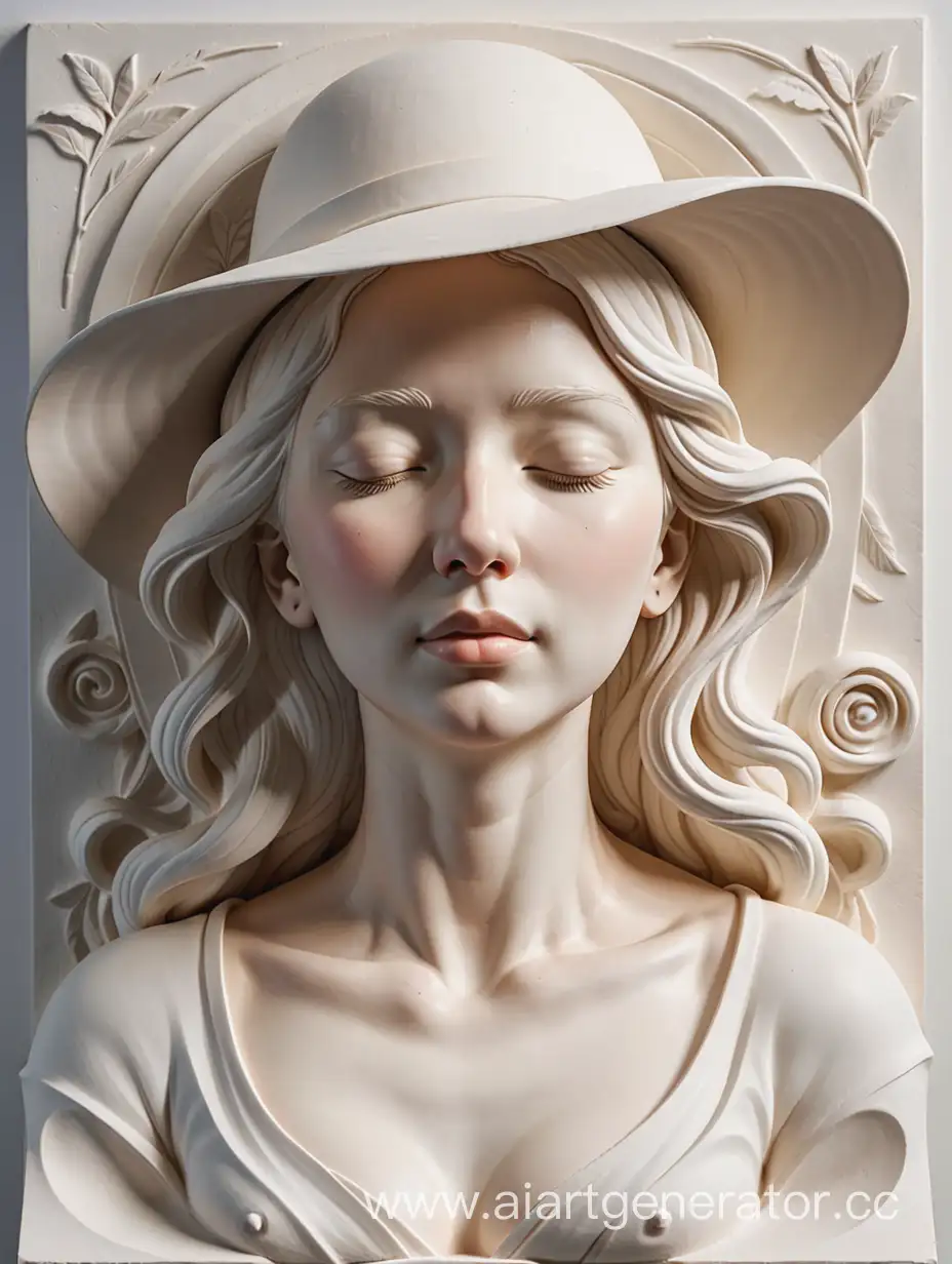 white basrelief sculpture of  woman in hat with closed eyes on half height