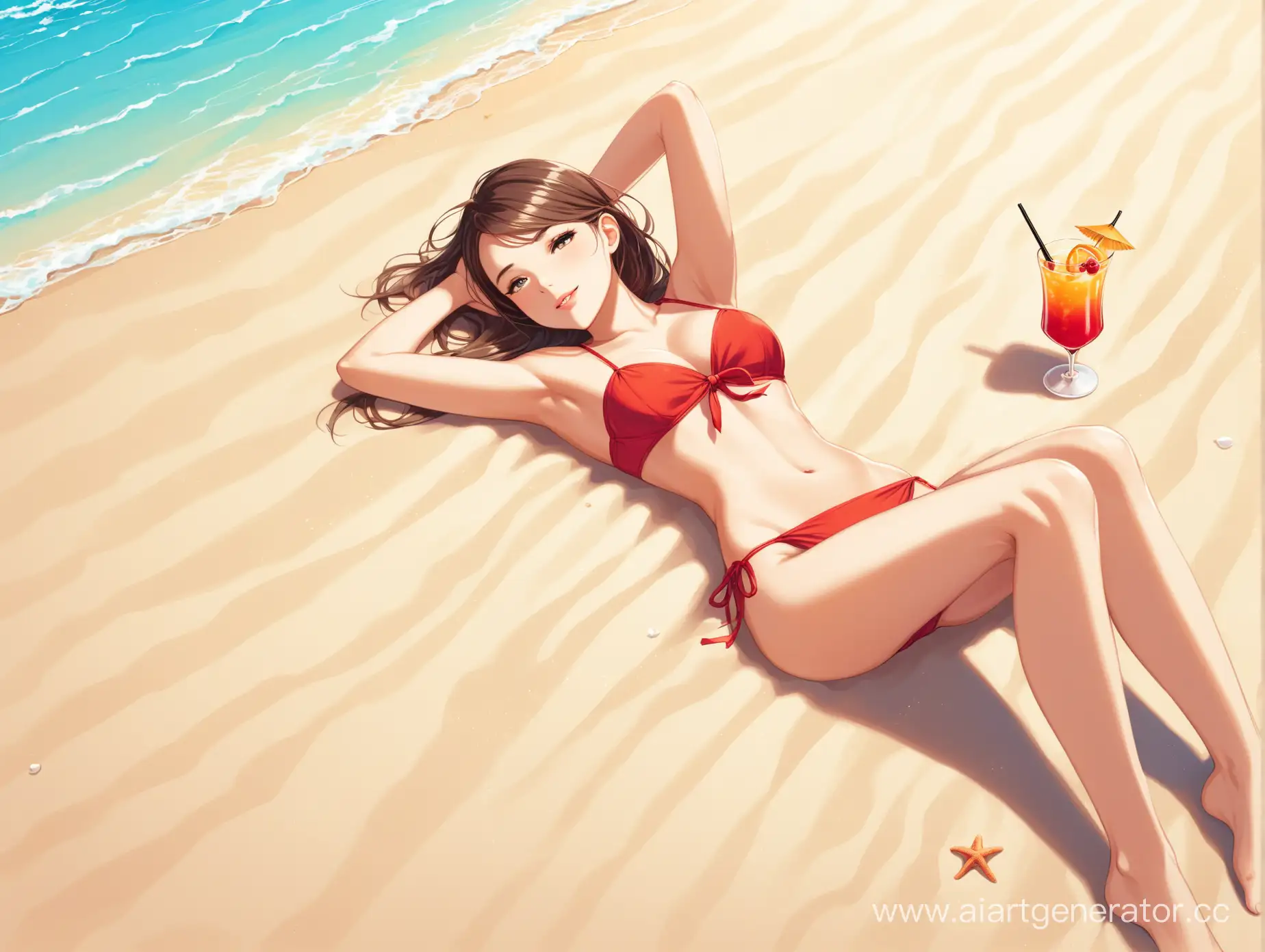 Девушка лежит на пляже с коктейлем