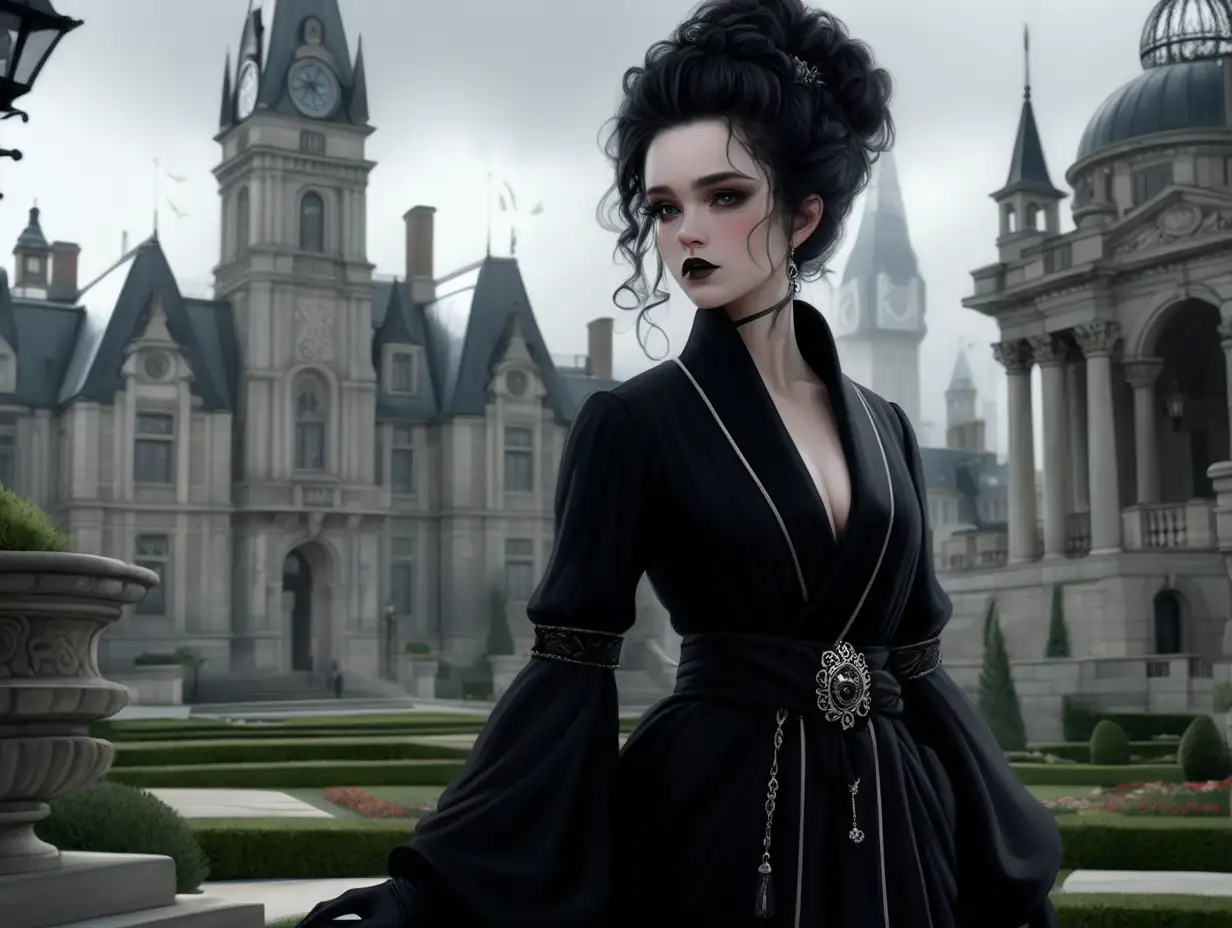 Dreaming city, beautiful, royal attire black curly hair, pale skin, grey eyes, dreaming city, black robes, black gloves, female, black make up, black mascara and lipstick, angered look on her face, robes, Standing in the city, perfect posture, victorian, looking away from camera, hair tied up in a messy bun, proper and unamused look on her face, full body shot, royal look, hands clasped behind her back, show full body, in the royal garden, garden, grand garden, wideshot