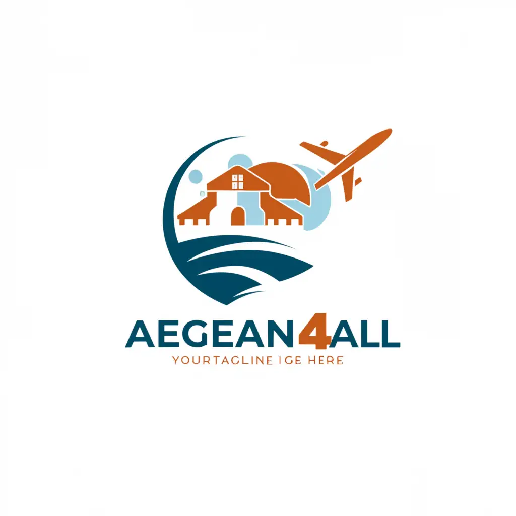 a logo design,with the text "Aegean 4All", main symbol:Villas bank of sea, holiday tours, events, touristic activities, airoplane,Moderate,be used in Travel industry,clear background