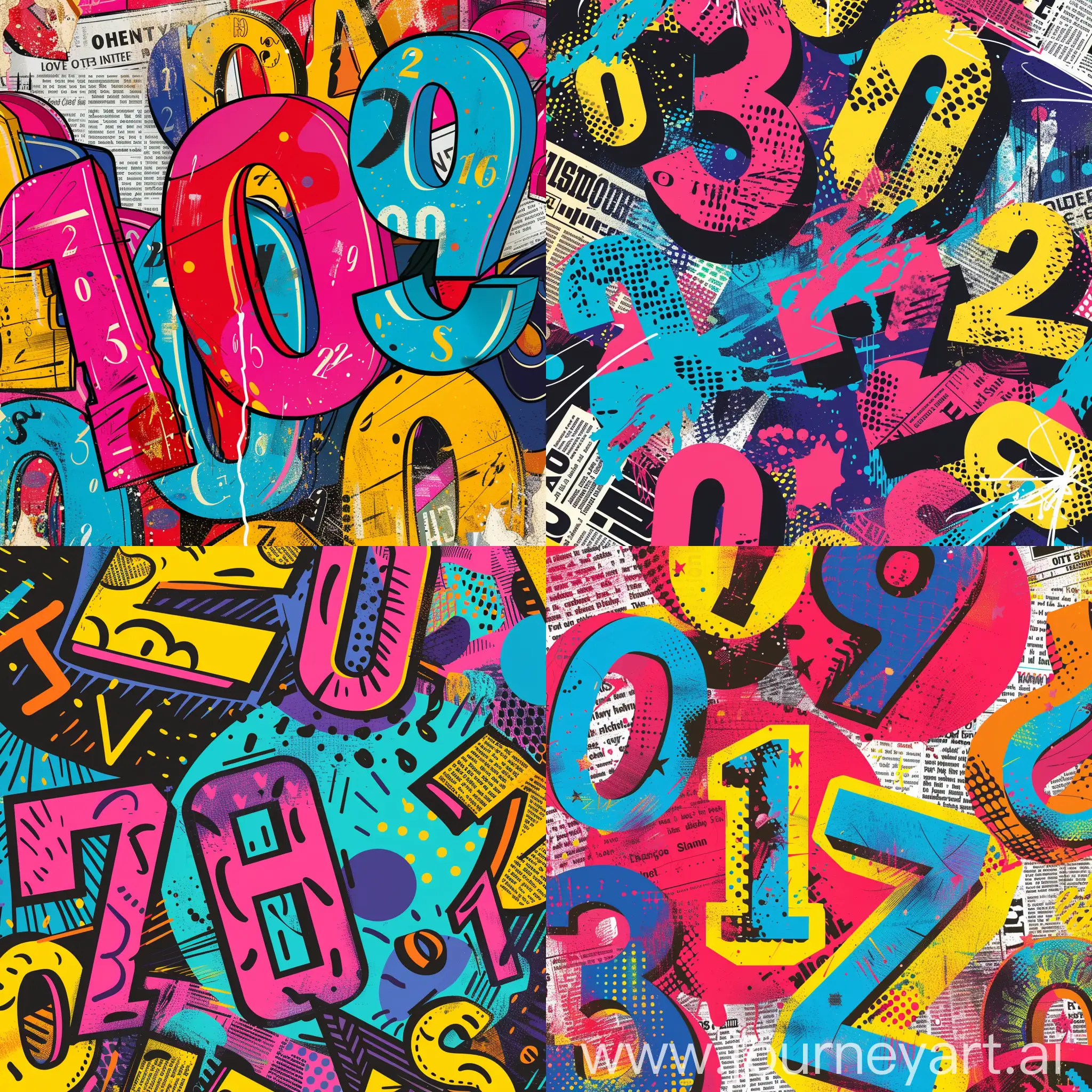 pop art background with numbers symbols and newspaper headlines out of the 80ths