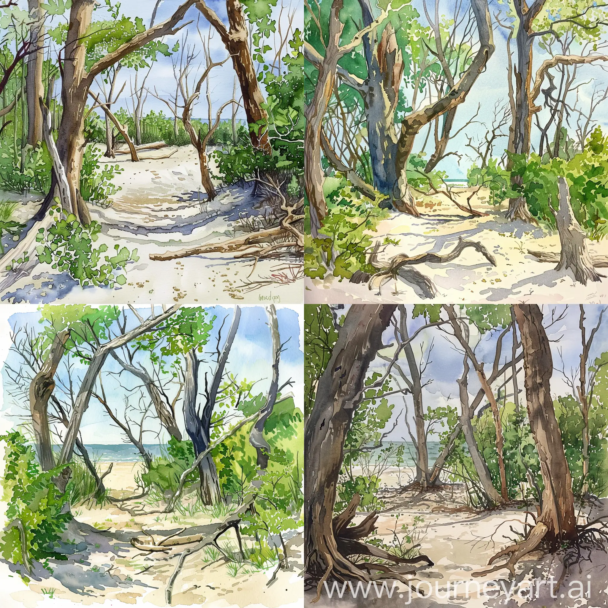 Watercolor-Painting-of-a-Tranquil-Sandy-Beach-with-Early-Spring-Foliage-and-Dead-Trees