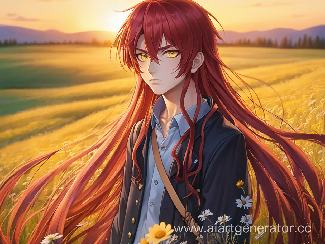 Anime-RedHaired-Youth-Enjoying-Sunset-Meadow-with-Flowers