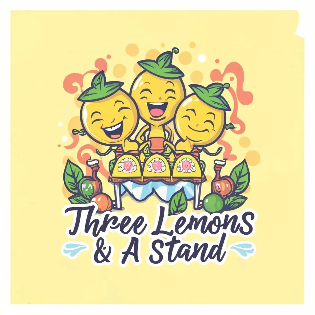 a logo design,with the text 'Three Lemons & A Stand', main symbol: unique, playful and colorful logo with 3 lemon-kids behind a stand, with lemonade drinks, yellow, with picture in the background,complex,be used in Restaurant industry,clear background