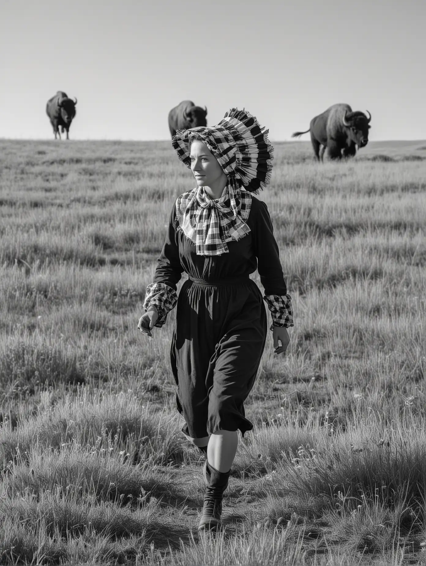A woman runs through the prairie, she is a pioneer and wears a bonnet, there are buffalo in the background she is seen from the side, in black and white. 