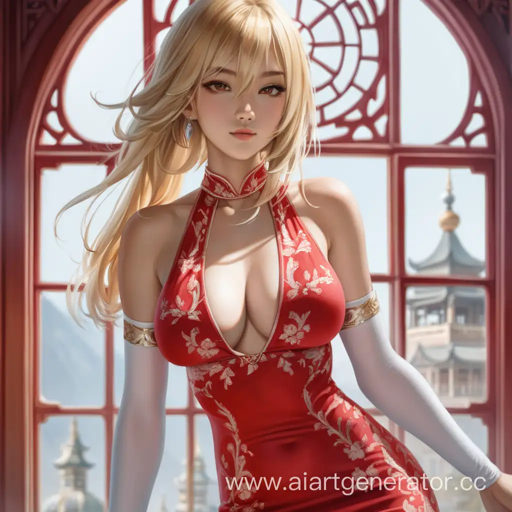 shoulder length hair, blond hair, red china dress, white tights, high heels, Halterneck, breast window