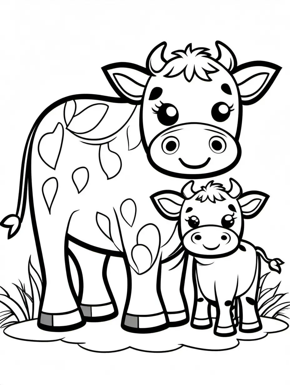 cute cow  with his baby for kids easy, Coloring Page, black and white, line art, white background, Simplicity, Ample White Space. The background of the coloring page is plain white to make it easy for young children to color within the lines. The outlines of all the subjects are easy to distinguish, making it simple for kids to color without too much difficulty