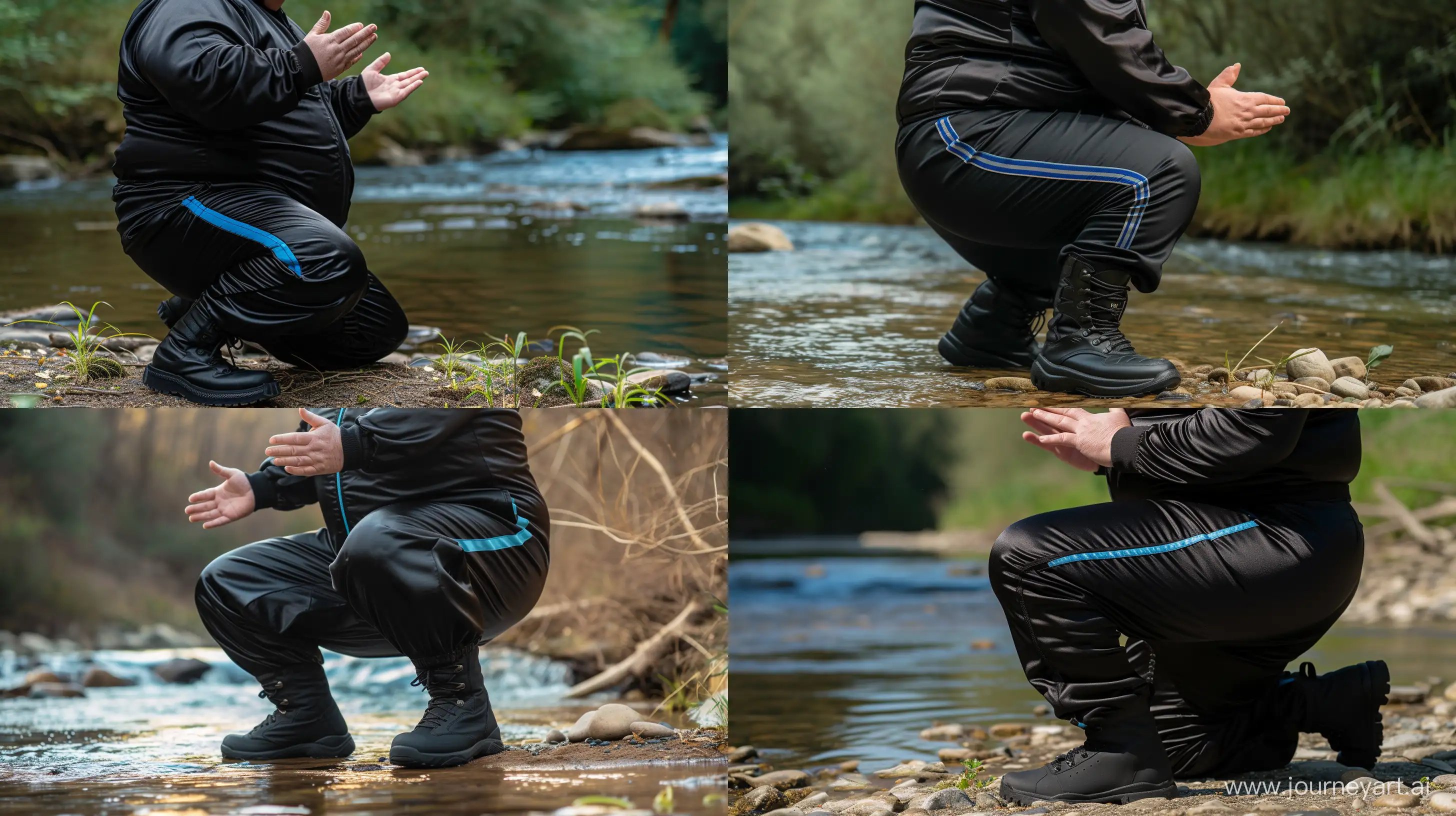Front view close-up photo centered on the waist of a fat man aged 60 wearing a silk black tracksuit with a blue stripe on the pants kneeling with his hands up. Black Tactical Boots. Natural Light. River. --style raw --ar 16:9