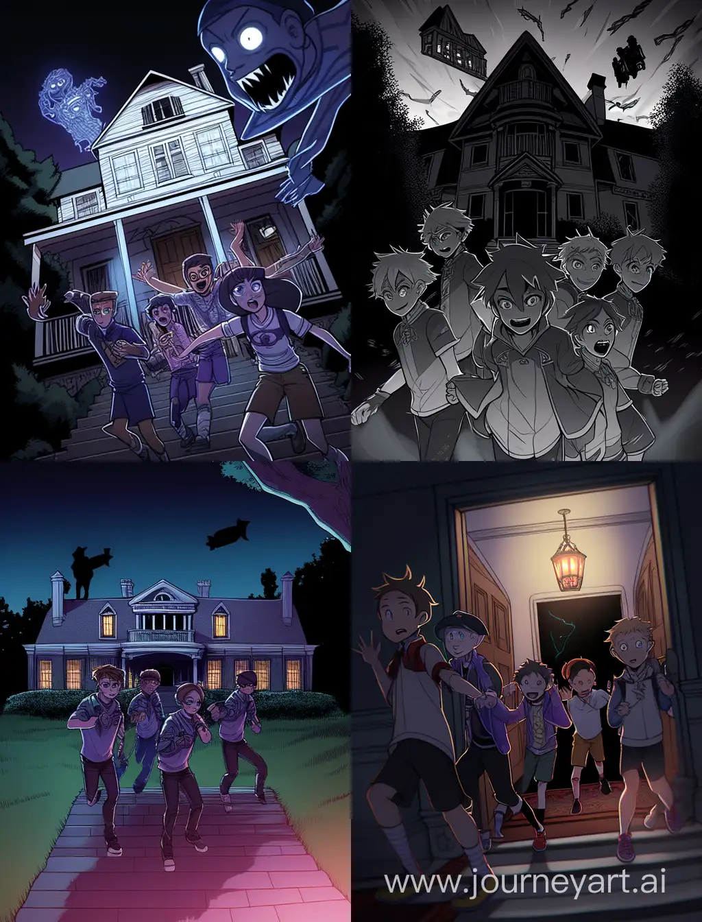 Curious-Teenagers-Approaching-Haunted-House-with-Excitement