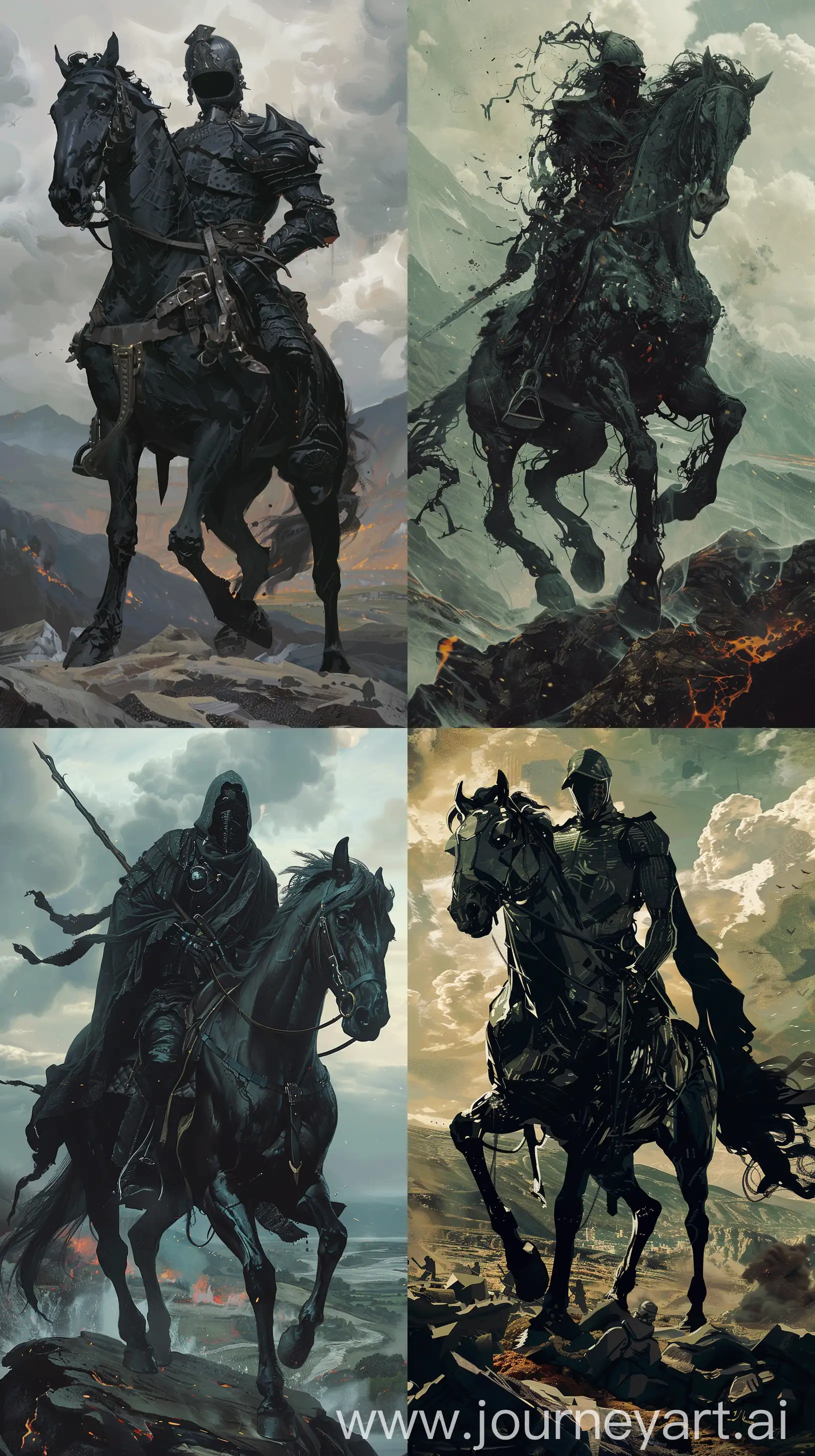 
Depict a reimagined version of one of the Four Horsemen of the Apocalypse, adhering to ivan aivazovisky aesthetic painting. The character should be striking, with solid blacks and a minimalistic approach, set against a landscape that reflects the horseman's domain, whether it be war, famine, pestilence, or death. 8k uhd Maximalist Details, phone wallpaper, --ar 9:16