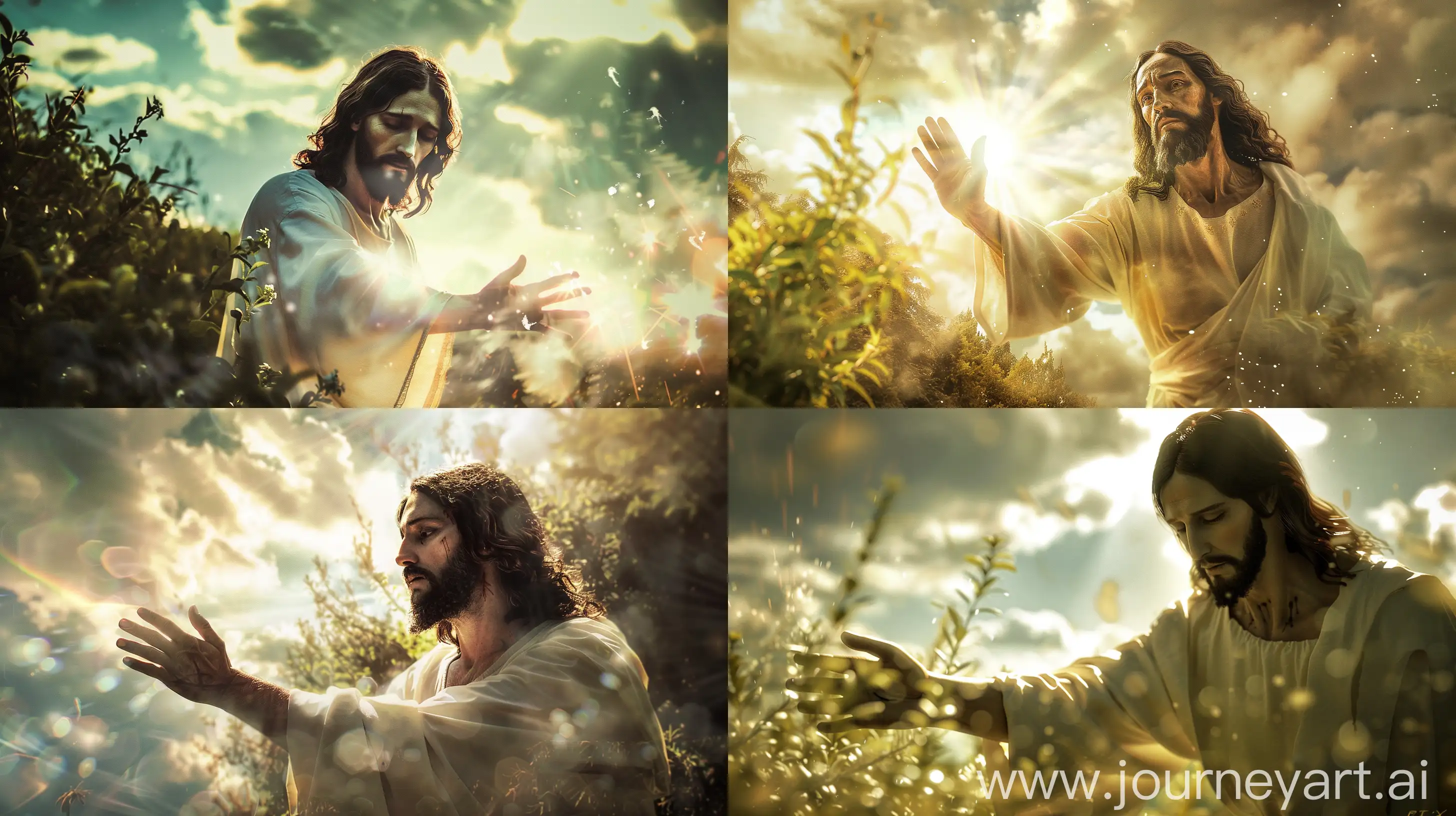 photorealistic Jesus, extends his hand towards the camera, full-length photo, Jesus full face, Jesus is surrounded by light, the background is with nature and clouds, the background is blurred, divine photo, ultrarealistic, detailed, RTX, shot on Canon EOS R6, —ar 16:9