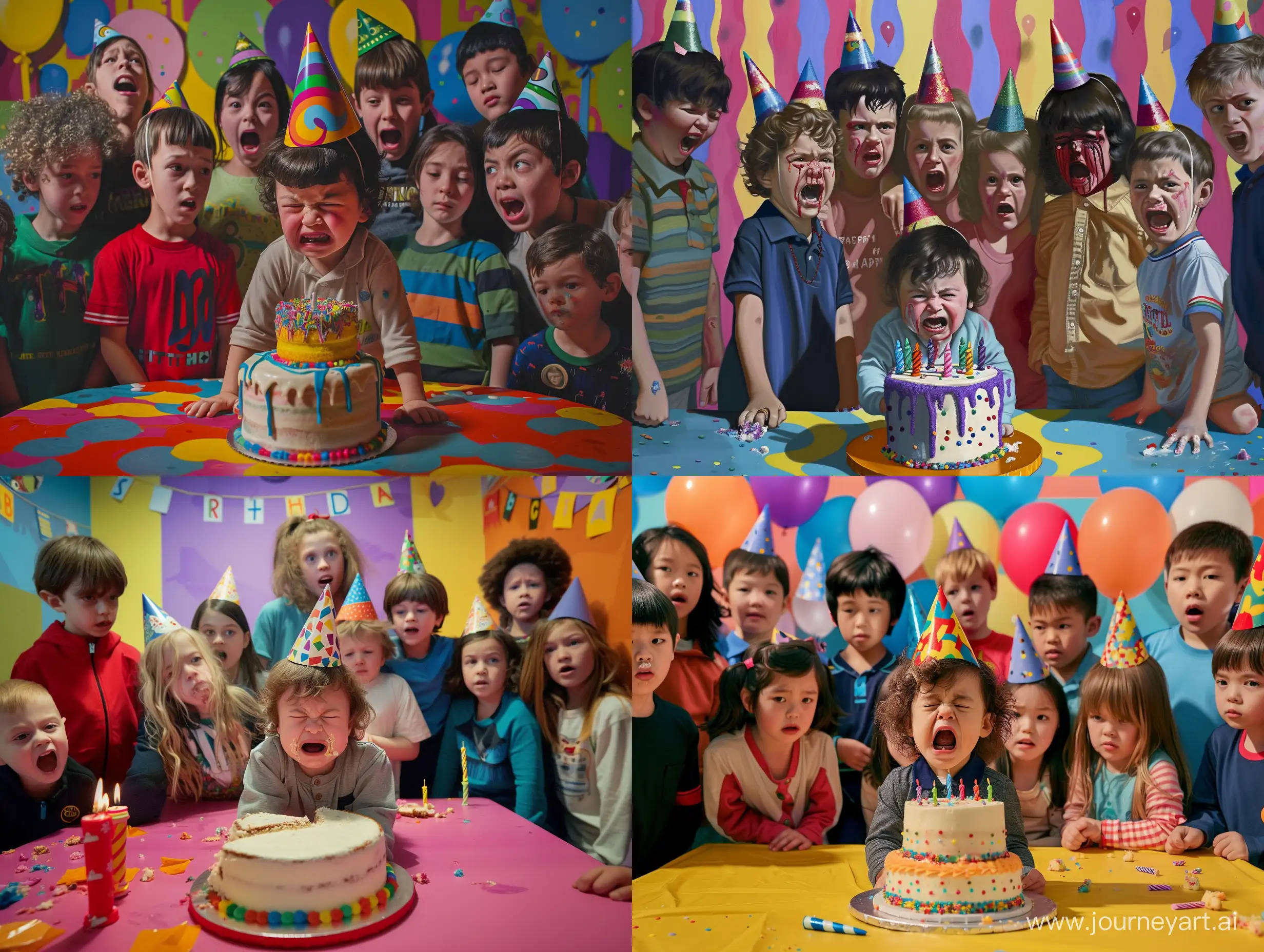 A small child standing over a birthday cake wearing a party hat crying surrounded by many taller children who are all looking at him and all have terrifying unnatural smiles in a colorful party room at a birthday party realistic