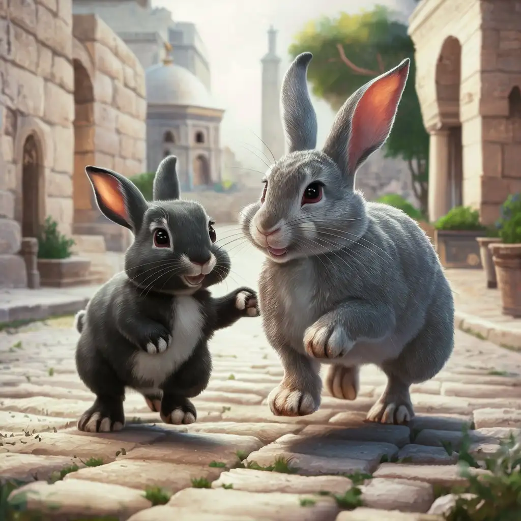 Two rabbits, one black with a prominent white stripe running down its chin, and a slightly larger gray rabbit with drooping and erect ears, both together on the streets of Jerusalem